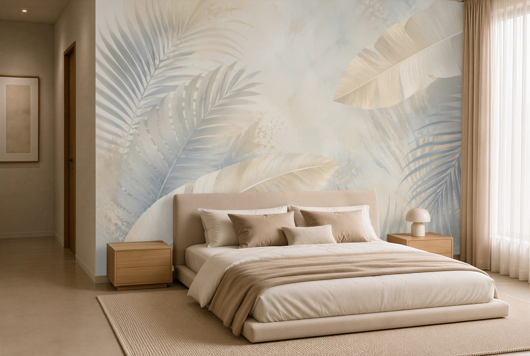 Fotobehang tropische bladeren beige en blauw delicaat voor een elegante inrichting
