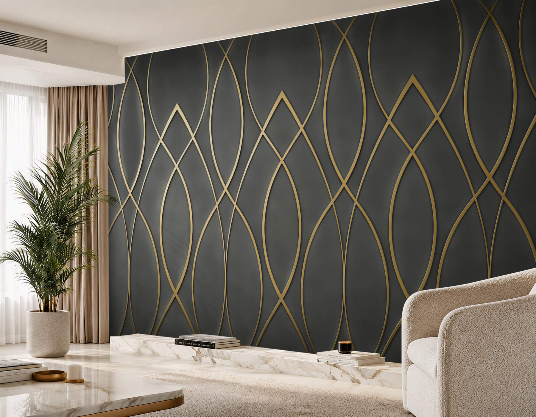 Fotobehang geometrisch patroon gouden lijnen op donkere achtergrond art deco