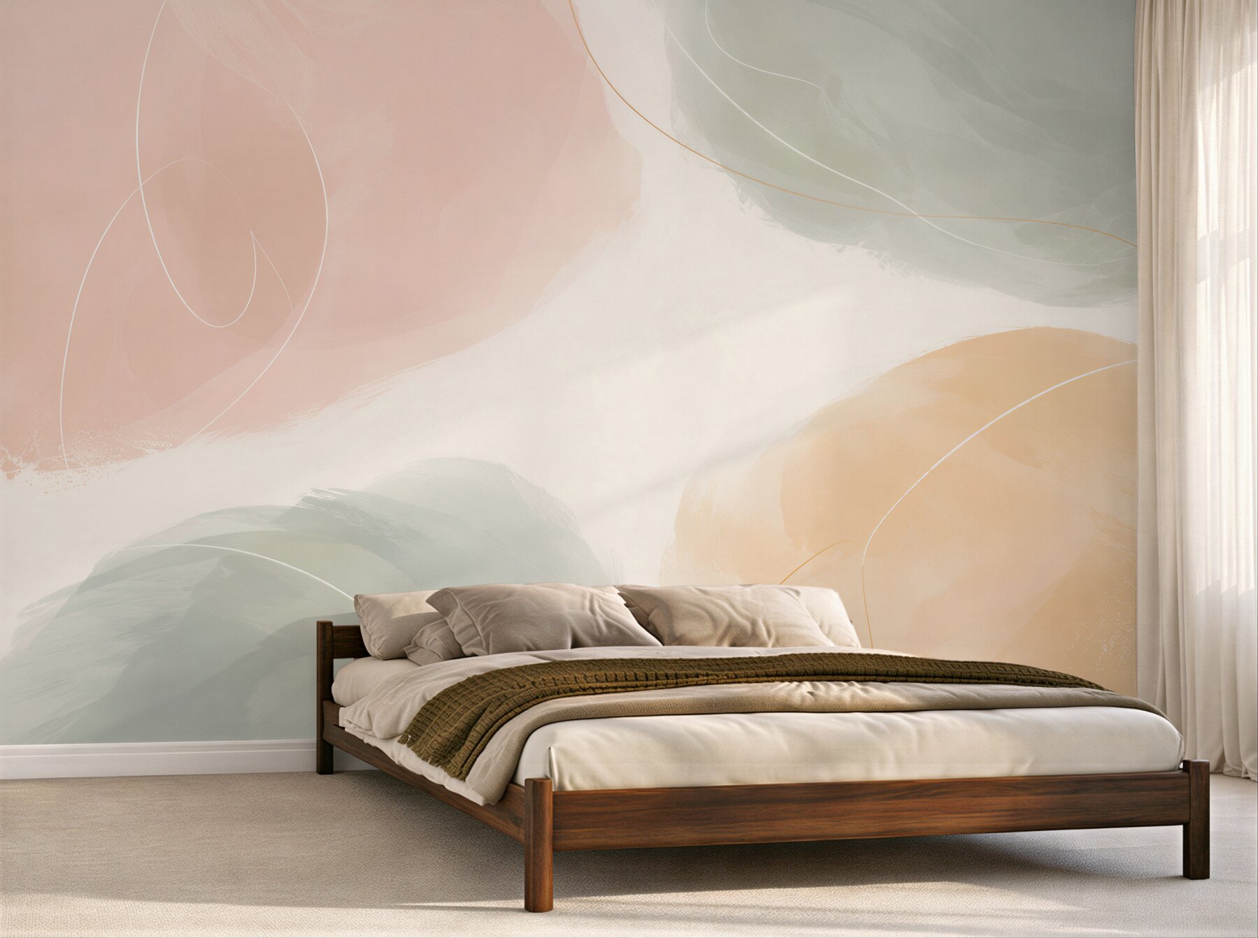 Fotobehang pastel abstractie bej roze en salvie voor een moderne woonkamer