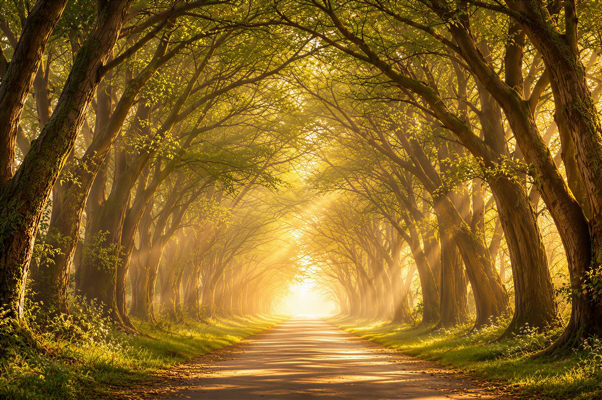 Fotobehang boslaan met bomen in het gouden zonlicht