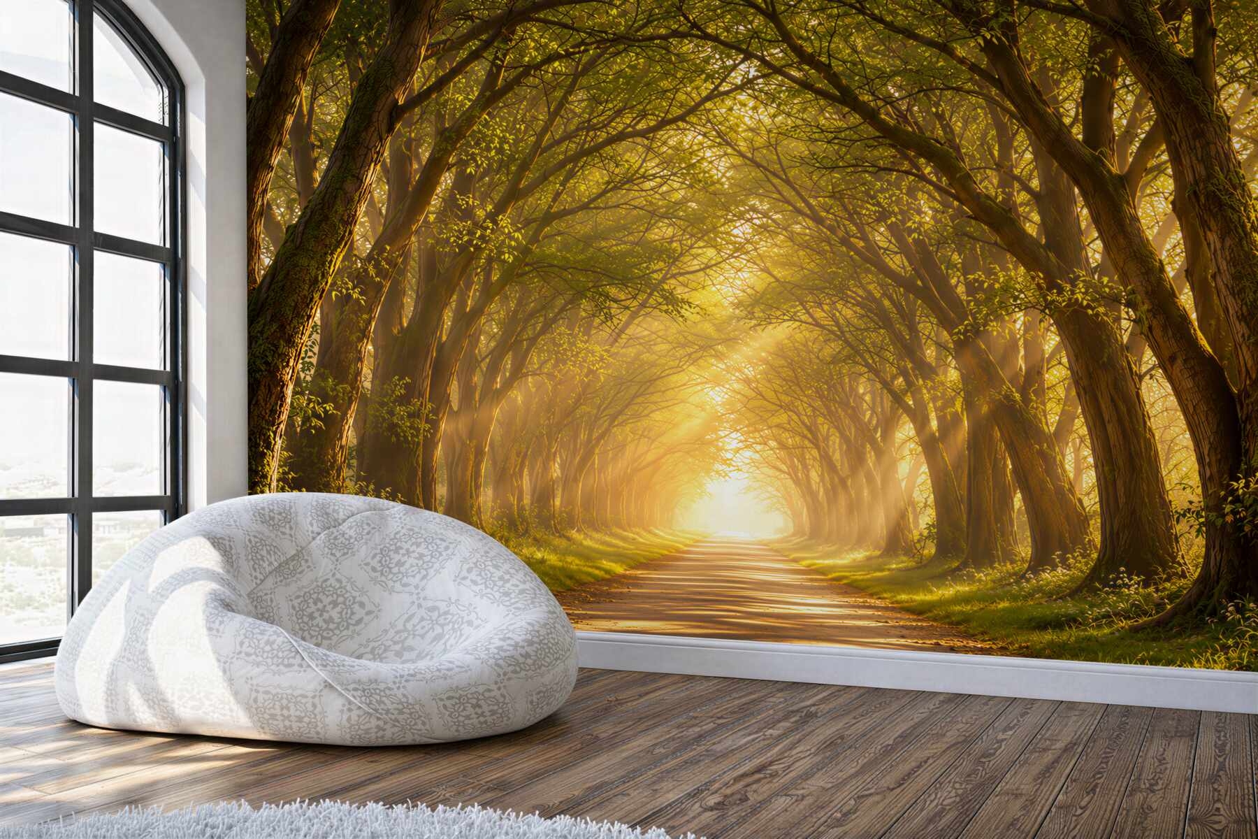 Fotobehang boslaan met bomen in het gouden zonlicht