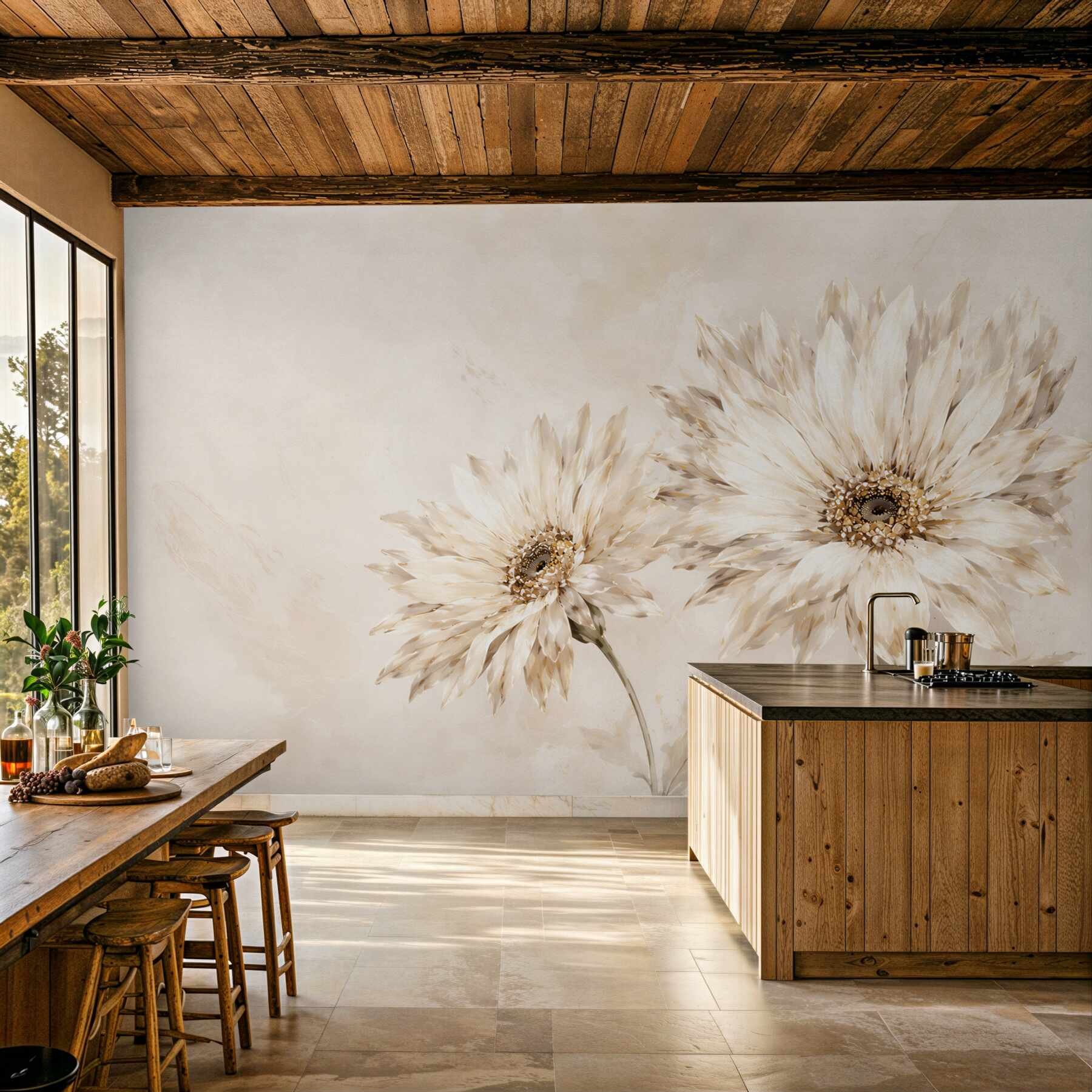 Fotobehang crèmekleurige gerbera bloemen delicaat en elegant voor de slaapkamer