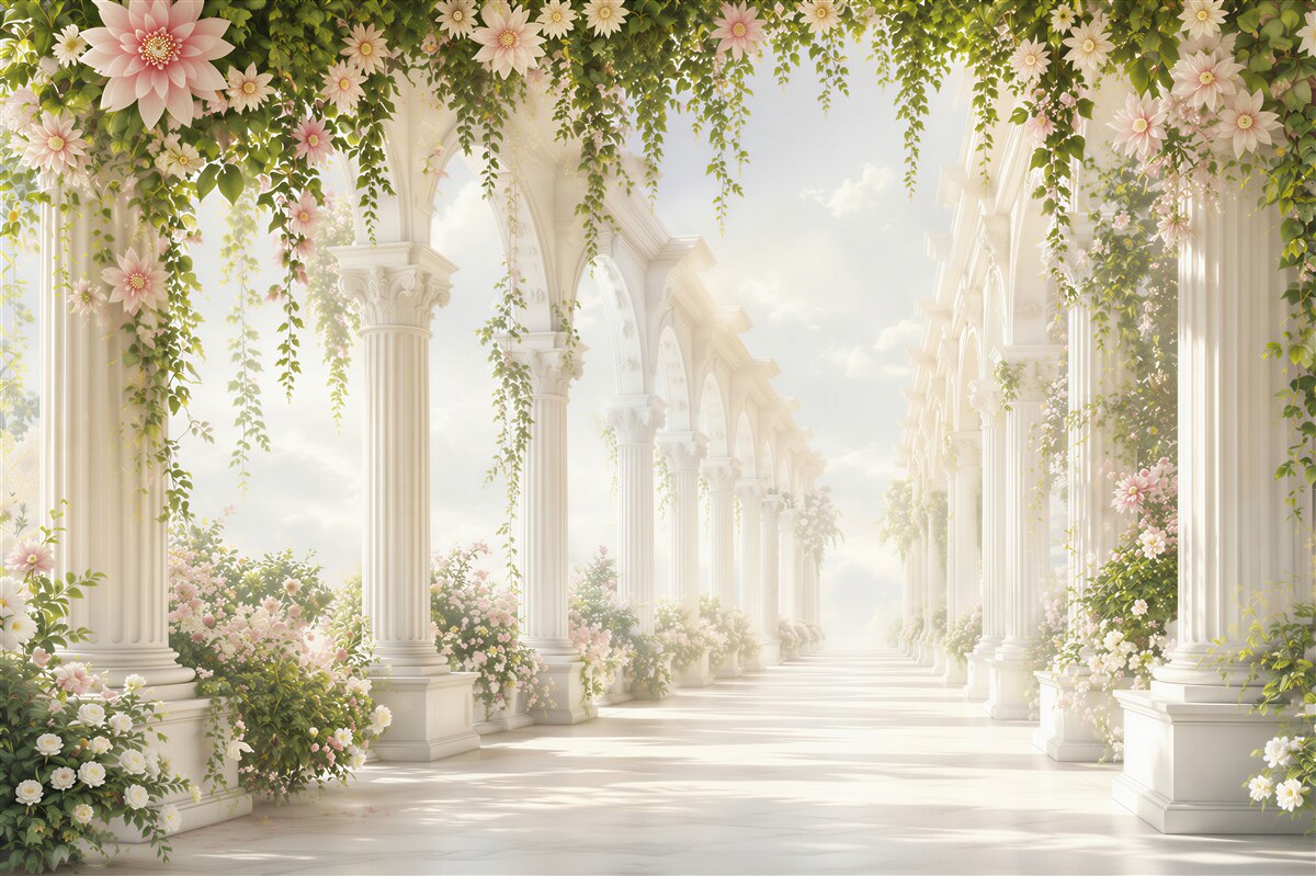 Fotobehang romantische bloemenhal met witte kolommen en klimop