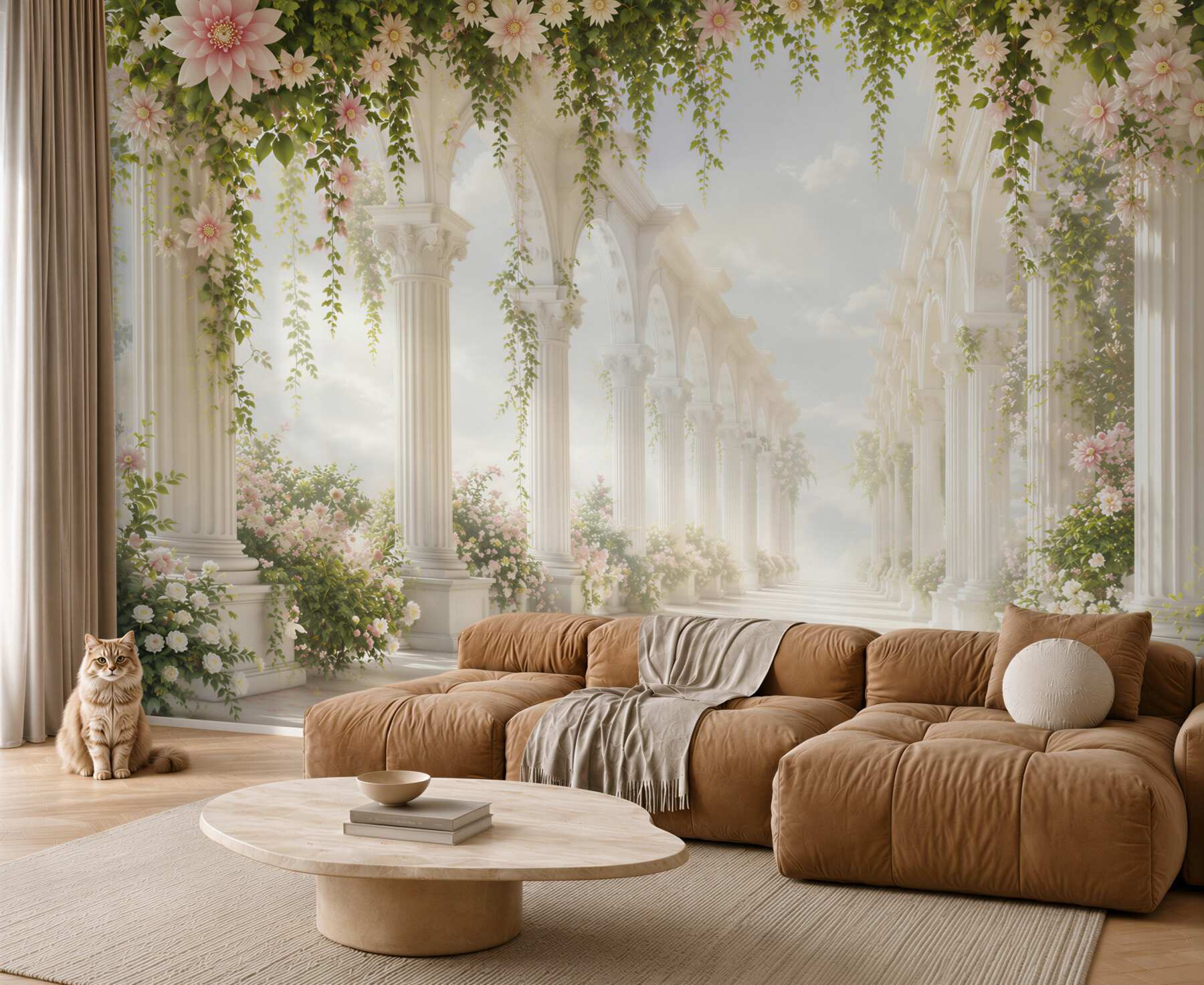 Fotobehang romantische bloemenhal met witte kolommen en klimop