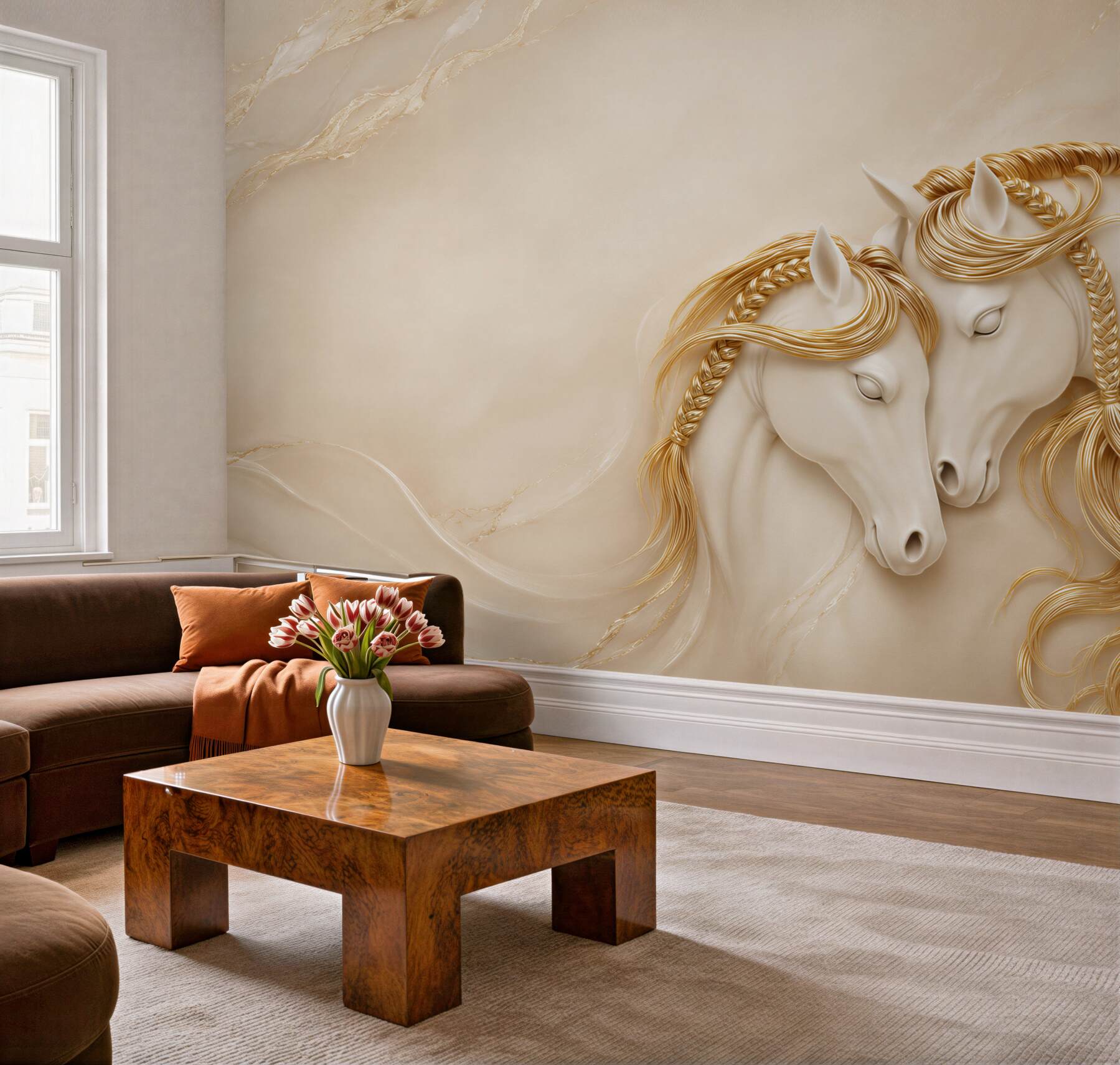 Fotobehang twee witte paarden met een gouden manen op een beige achtergrond