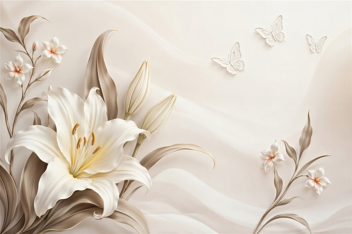 Fotobehang witte lelies met beige vlinders elegant voor de slaapkamer