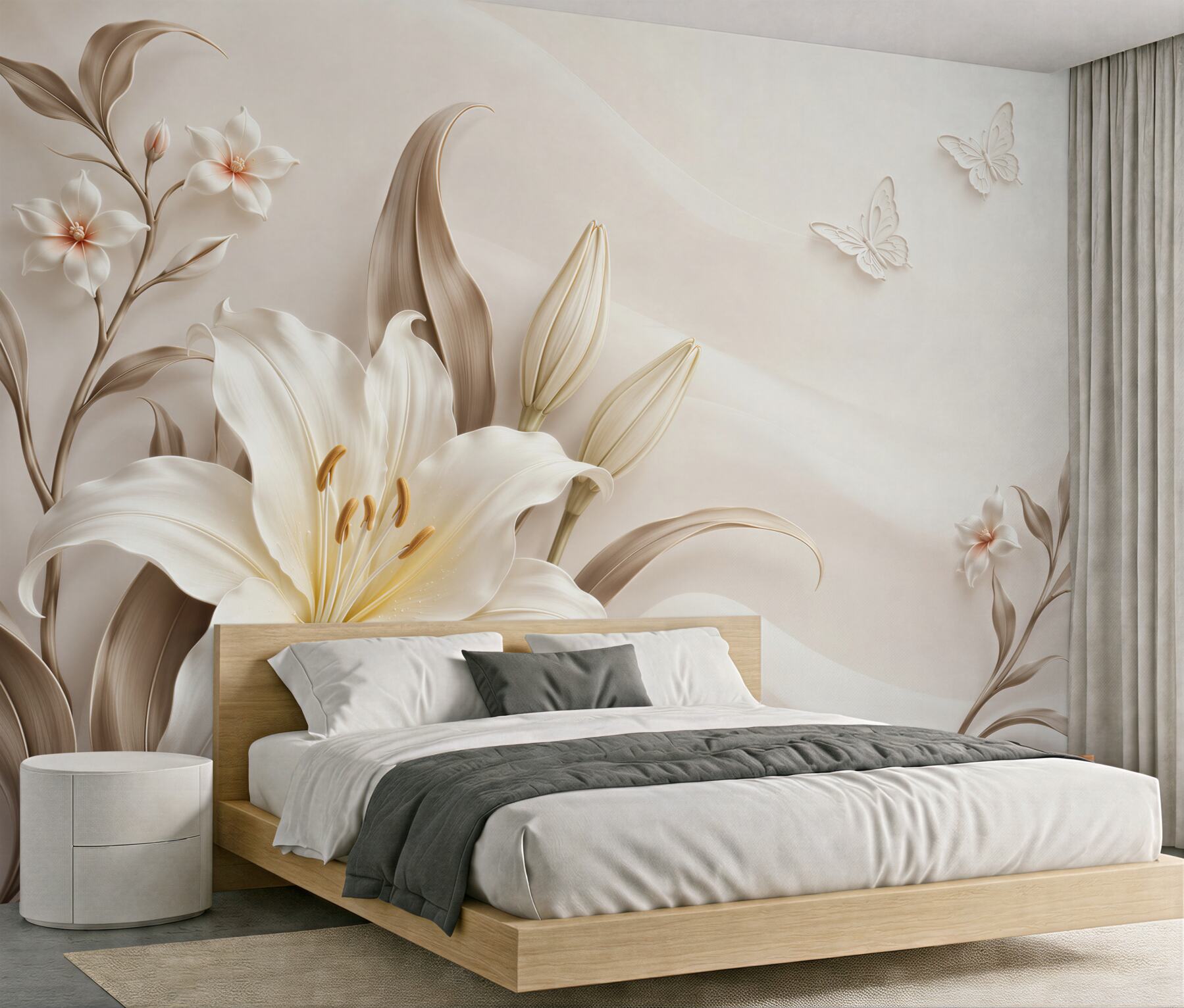 Fotobehang witte lelies met beige vlinders elegant voor de slaapkamer
