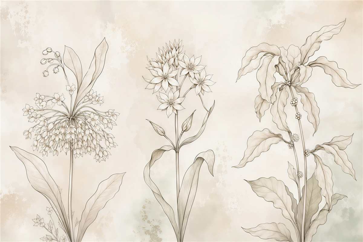 Fotobehang delicate beige bloemen botanische schets voor een elegant interieur