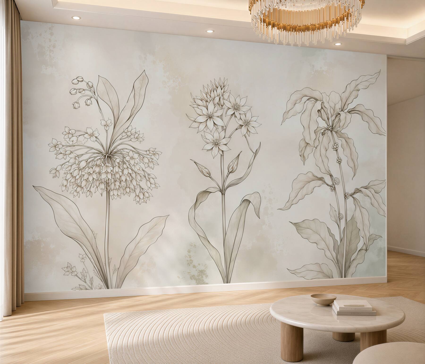 Fotobehang delicate beige bloemen botanische schets voor een elegant interieur
