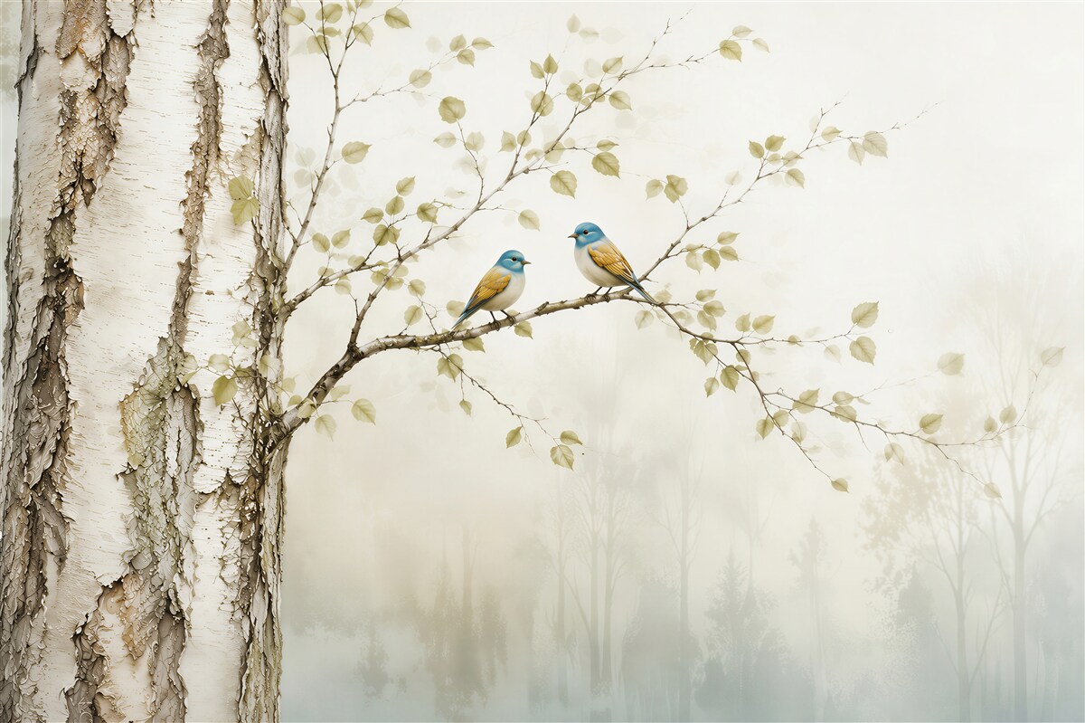 Fotobehang vogels op een berkentak in een mistig boslandschap