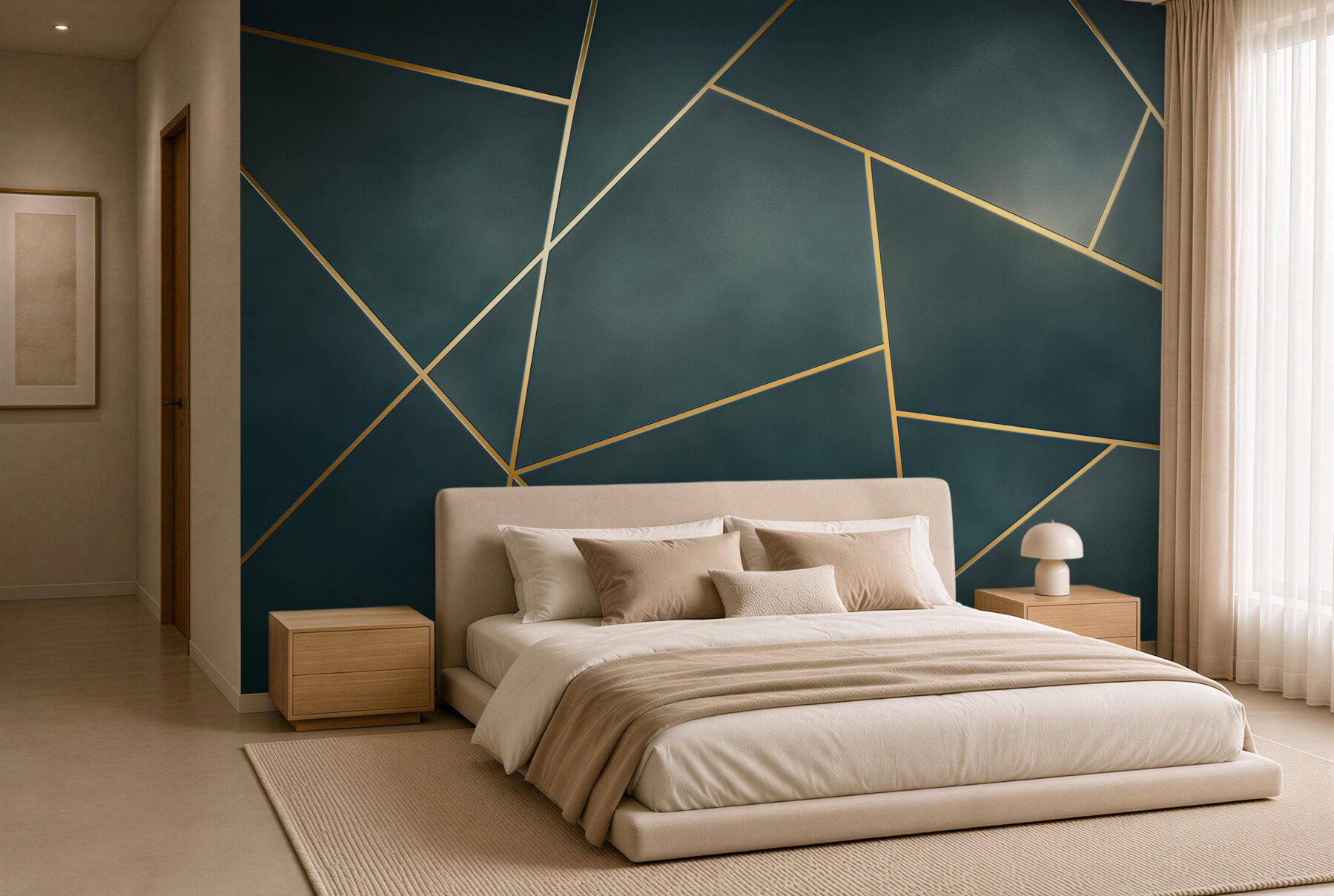 Fotobehang geometrische marineblauwe panelen met gouden lijnen moderne