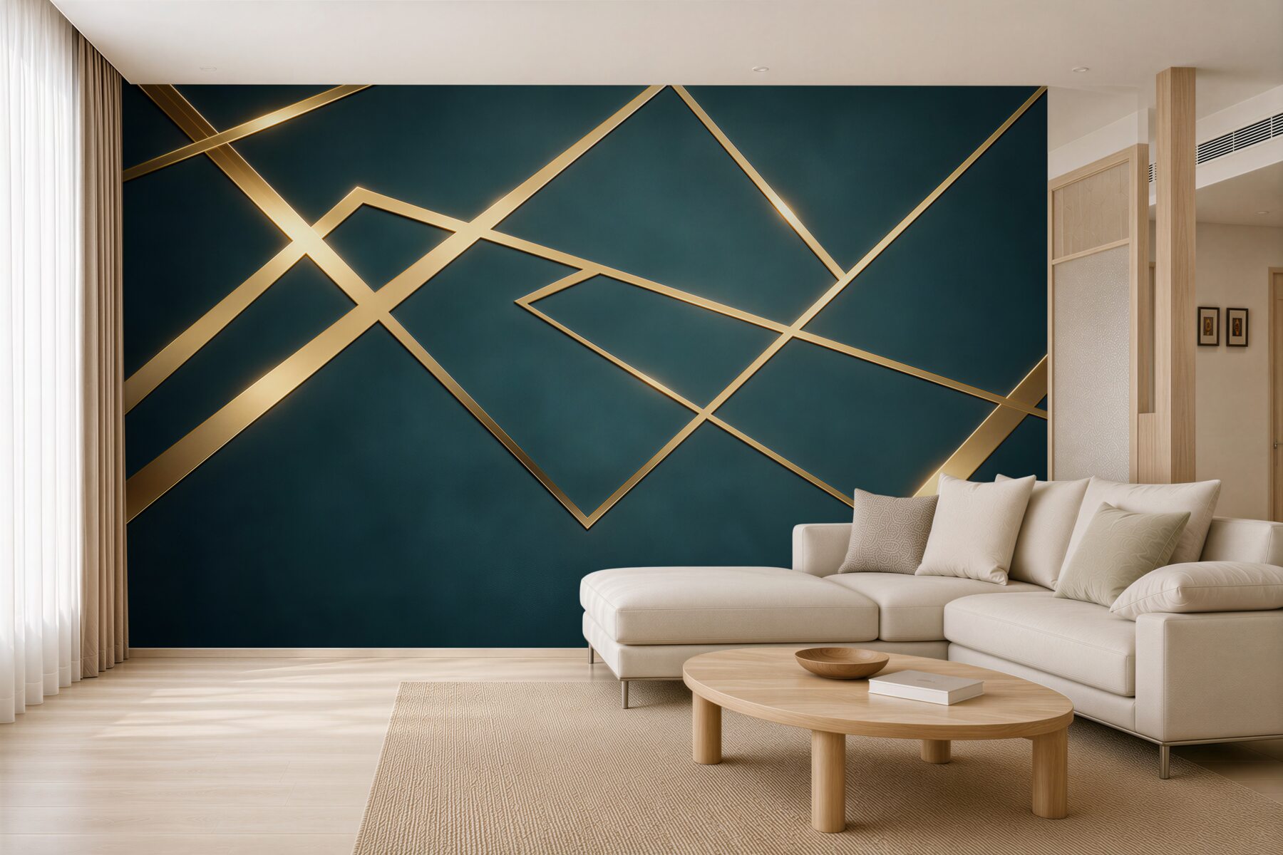 Fotobehang gouden geometrische lijnen op donkergroen glamour
