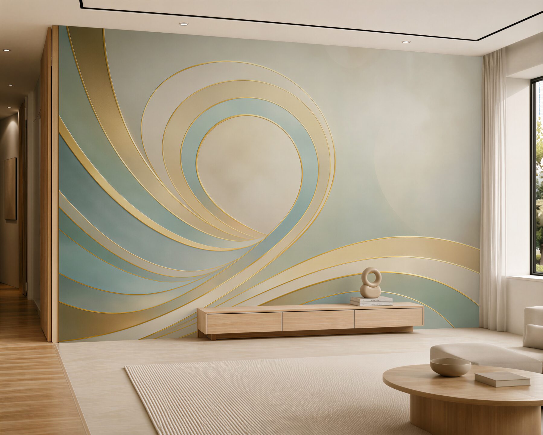 Fotobehang abstracte spiraallijnen beige en lichtblauw met gouden accenten
