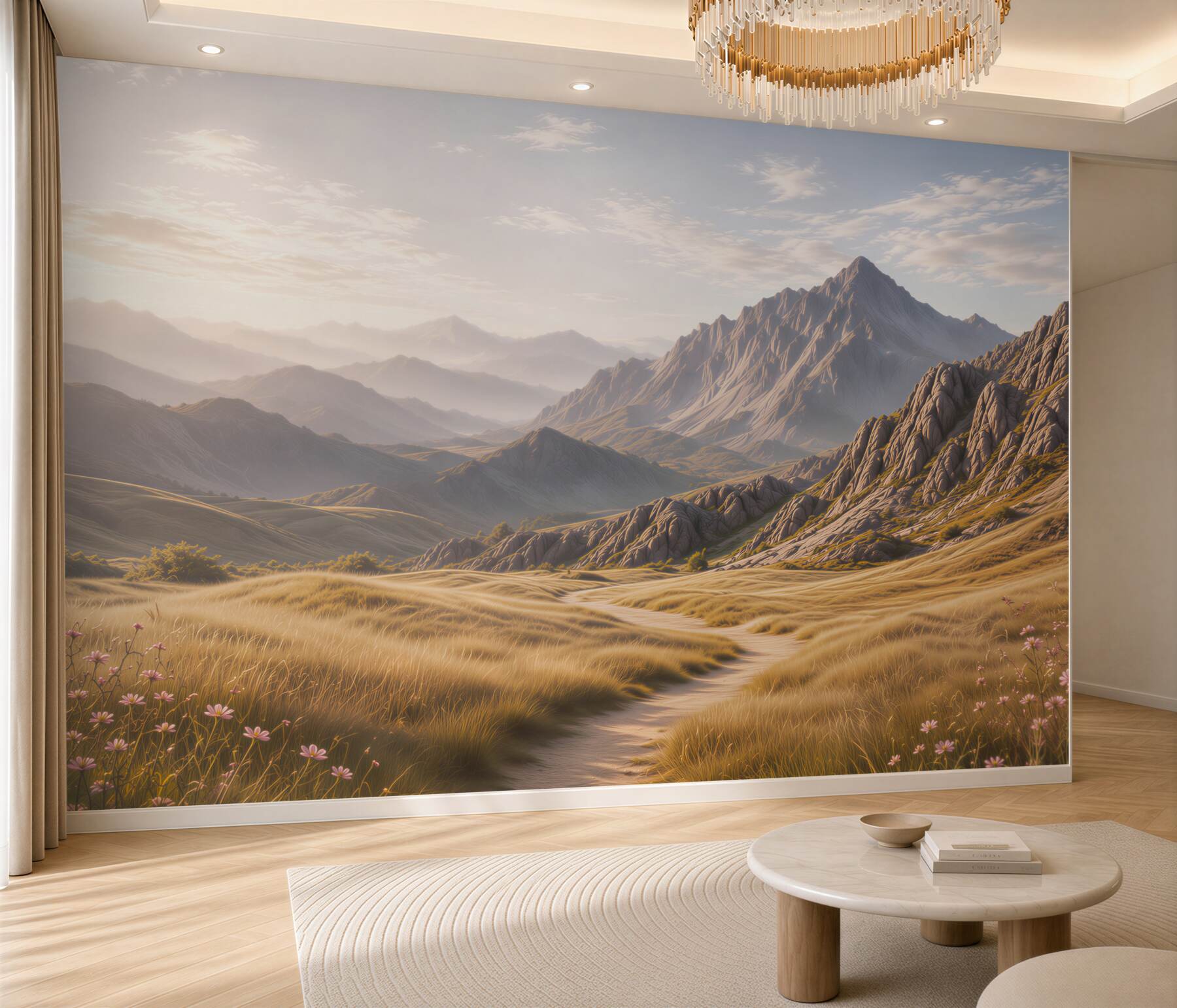 Fotobehang berglandschap bij zonsopgang met een landpad