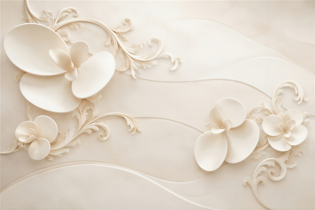Fotobehang bloemen 3D crème met ornamenten elegant voor de slaapkamer