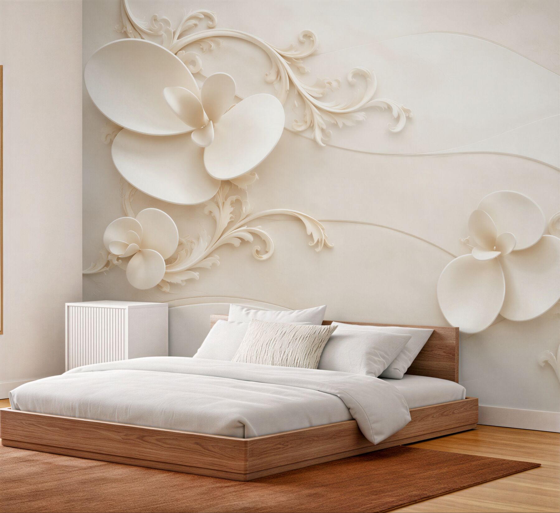Fotobehang bloemen 3D crème met ornamenten elegant voor de slaapkamer