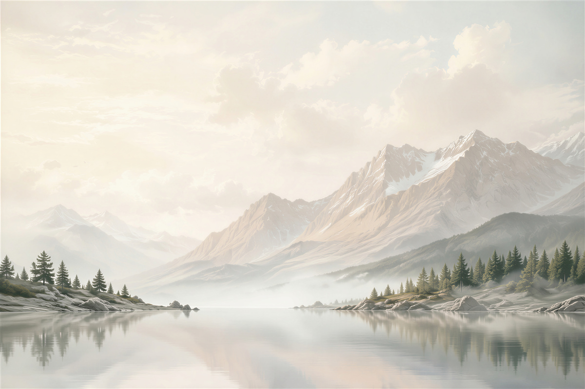 Fotobehang berglandschap met een meer in de mist helder en rustig
