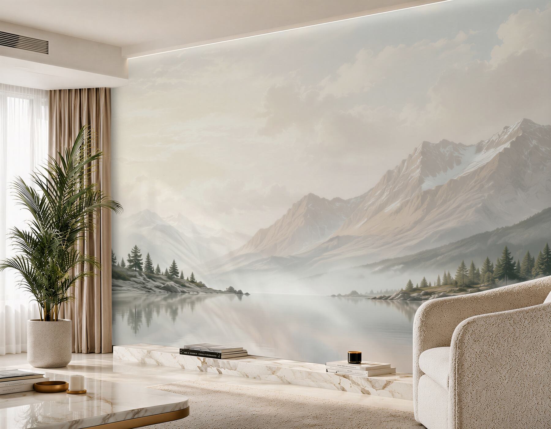 Fotobehang berglandschap met een meer in de mist helder en rustig