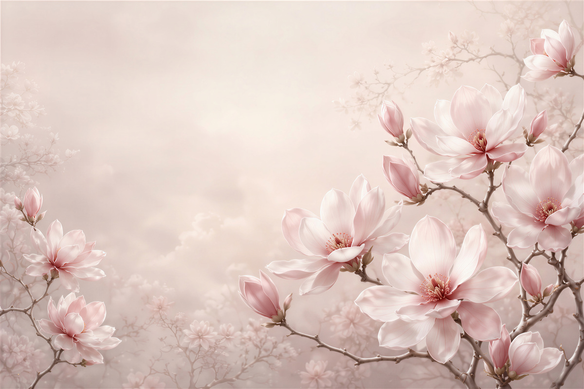 Fotobehang magnolia bloemen poederroze delicaat voor de slaapkamer