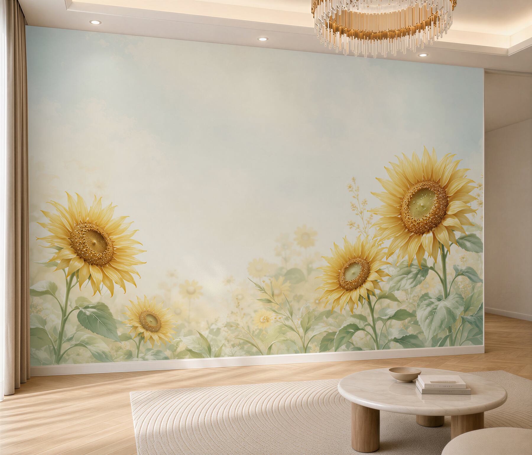 Fotobehang gele zonnebloemen op lichte achtergrond voor de keuken en woonkamer