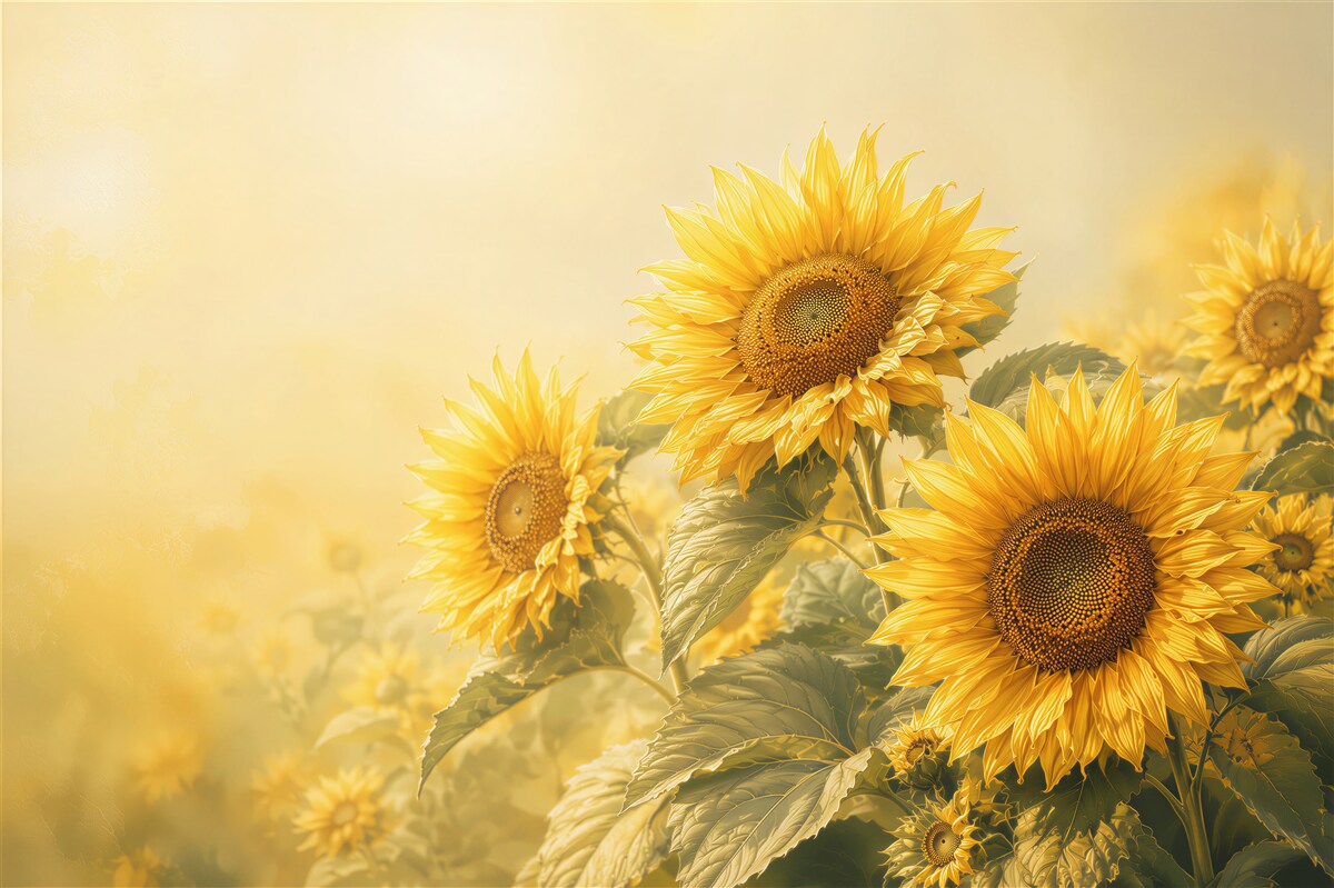 Fotobehang gouden zonnebloemen op lichte achtergrond voor een warme woonkamer