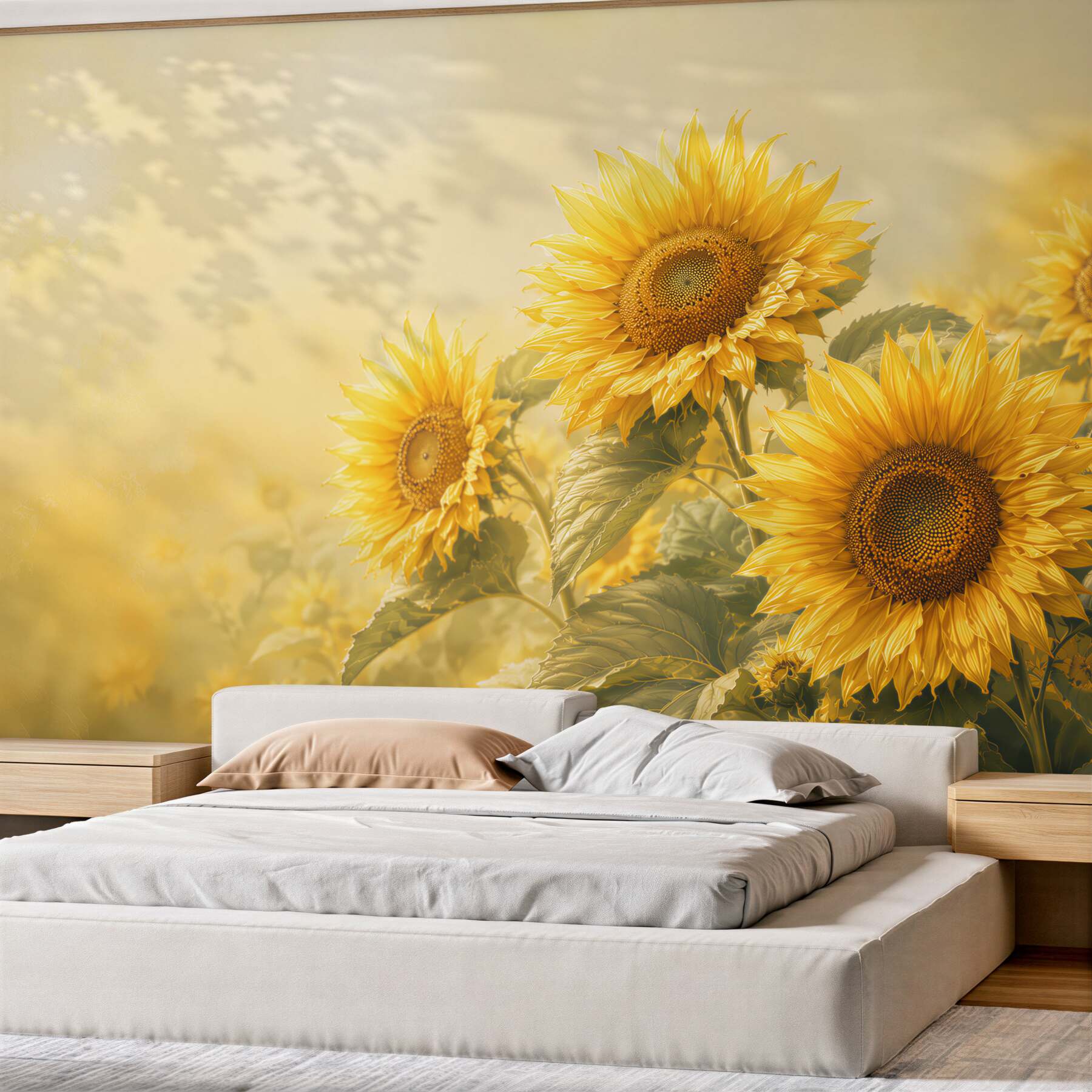 Fotobehang gouden zonnebloemen op lichte achtergrond voor een warme woonkamer