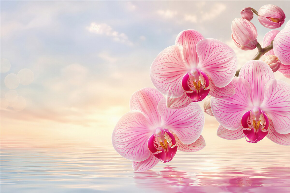 Fotobehang roze orchideeën boven water in romantisch licht