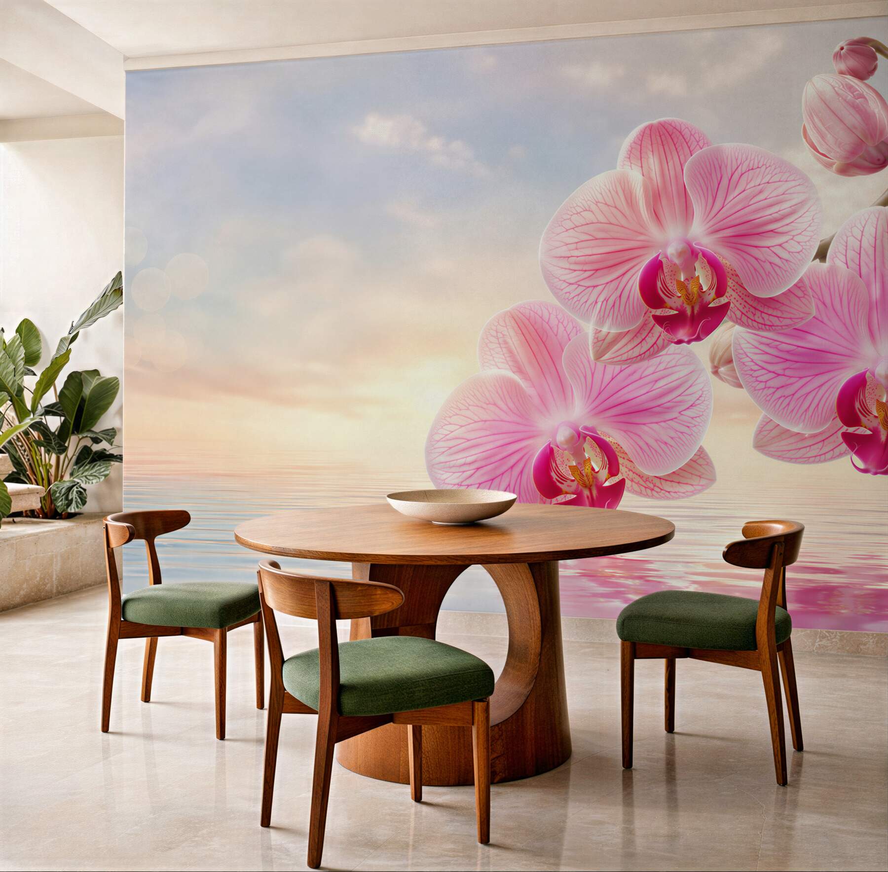 Fotobehang roze orchideeën boven water in romantisch licht