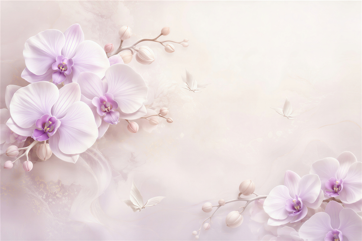 Fotobehang witte pastelorchideeën met vlinders op lichte achtergrond