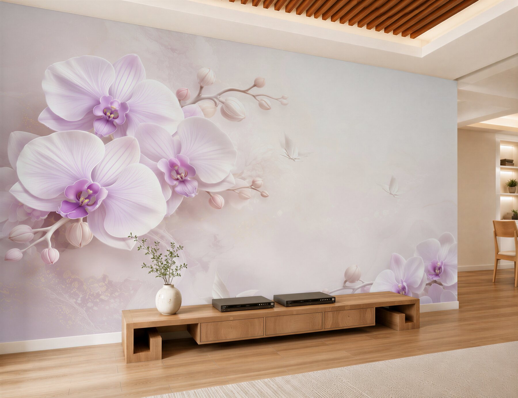 Fotobehang witte pastelorchideeën met vlinders op lichte achtergrond