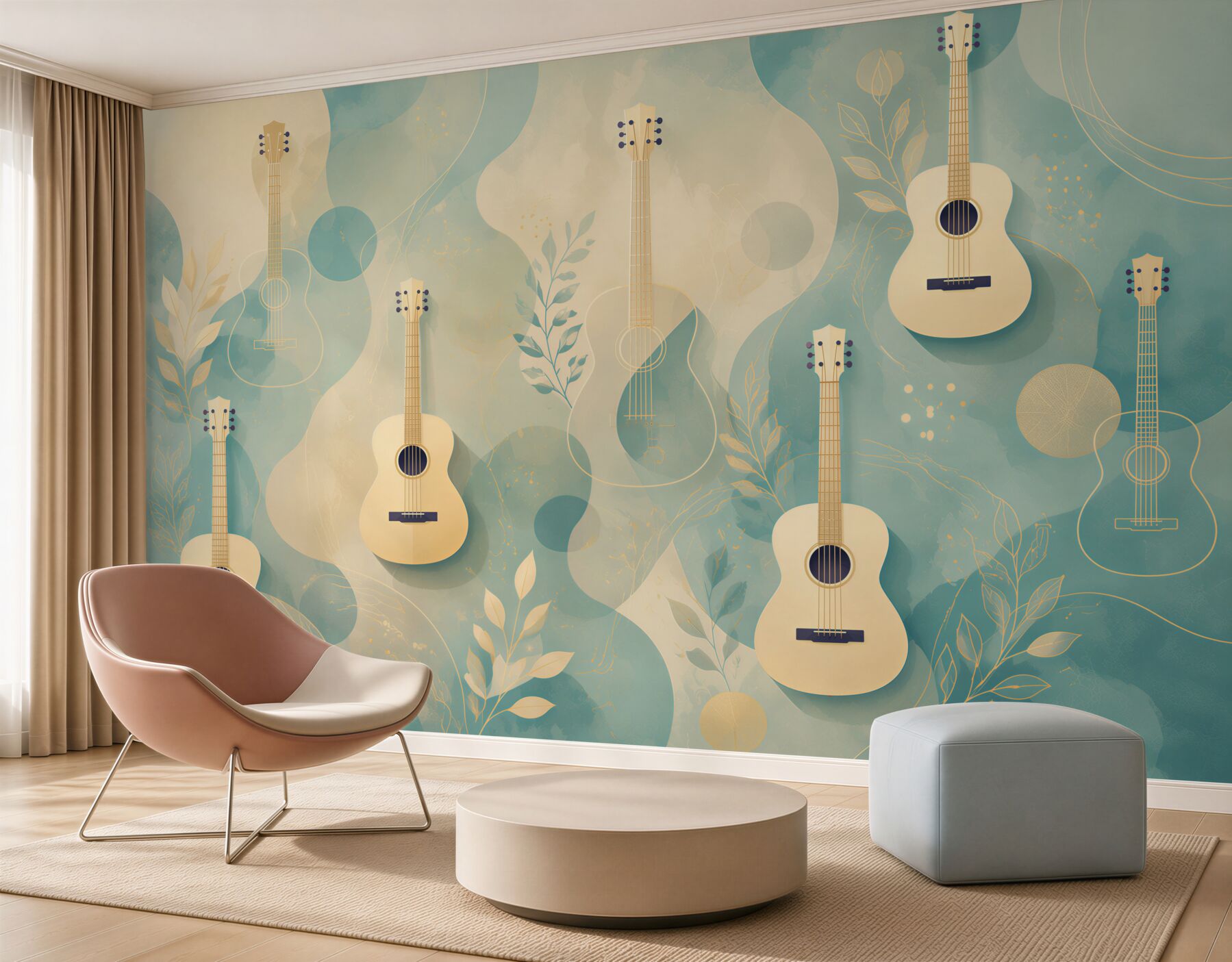 Fotobehang akoestische gitaren op turquoise achtergrond artistiek voor muziek kamer