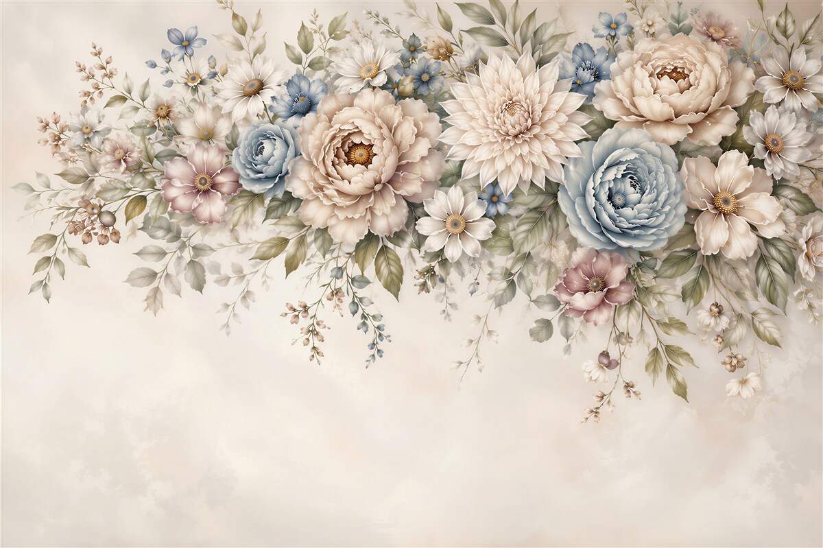 Fotobehang pastel bloemen beige en blauw romantisch voor de slaapkamer of woonkamer