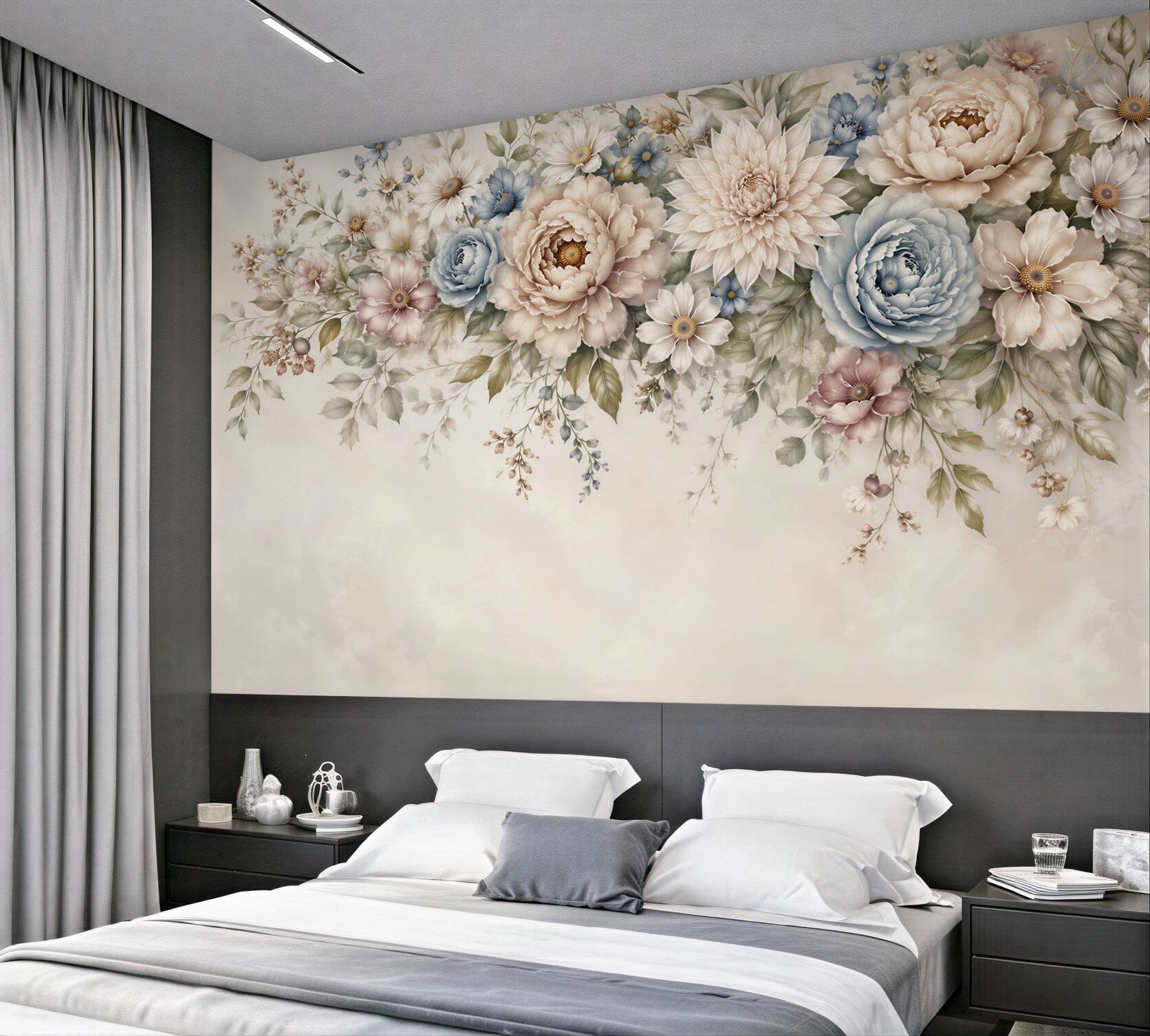 Fotobehang pastel bloemen beige en blauw romantisch voor de slaapkamer of woonkamer