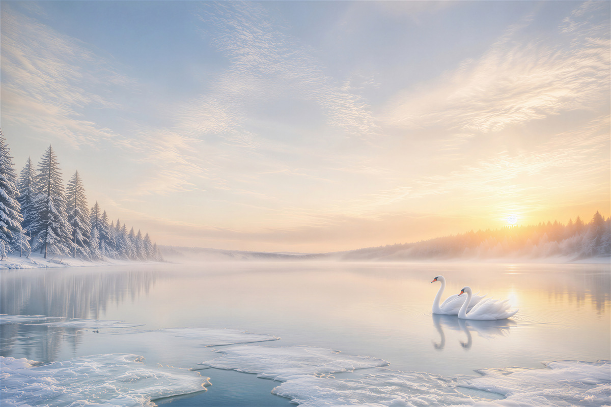 Fotobehang winterlandschap met zwanen op het meer bij zonsopgang