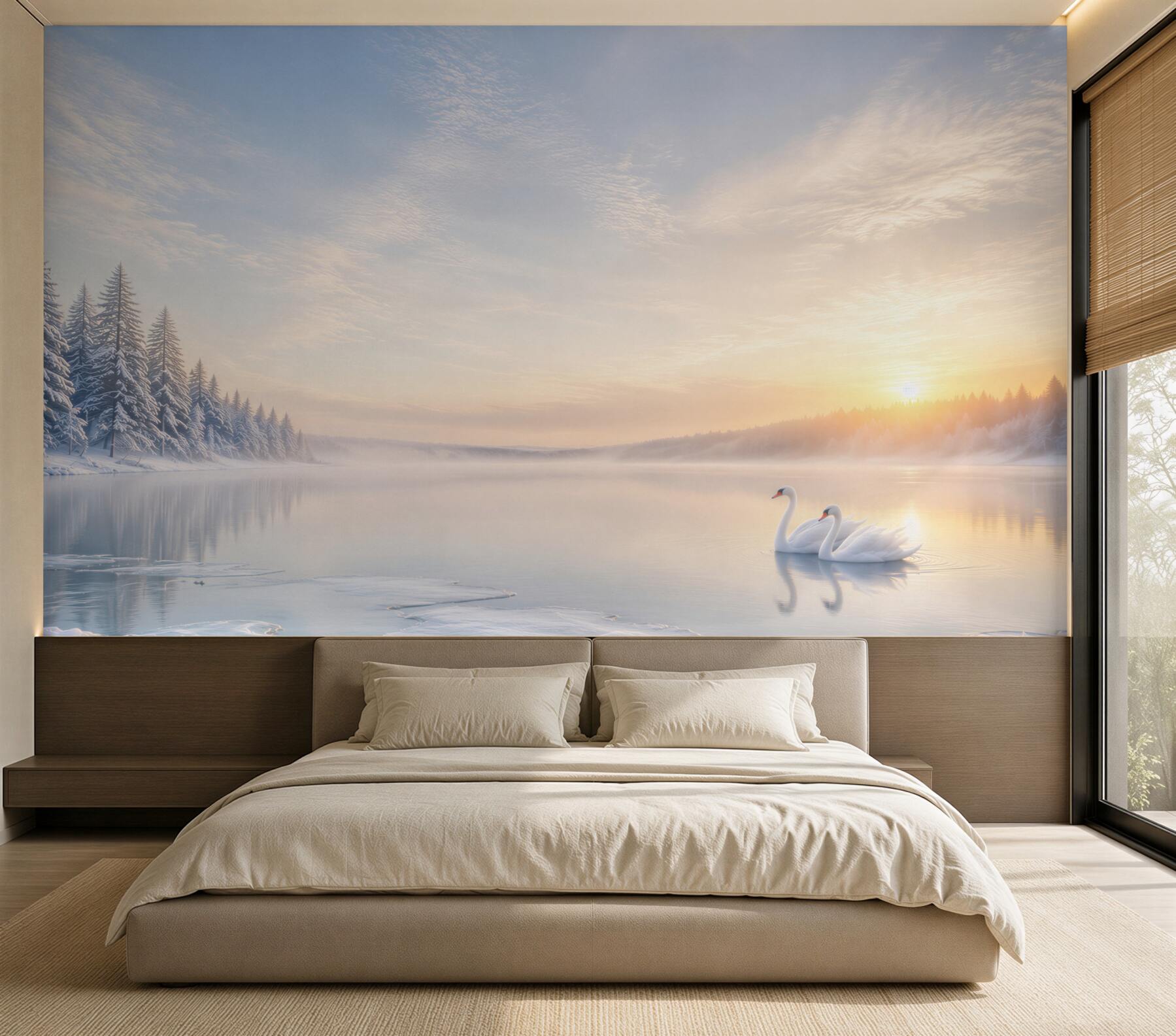 Fotobehang winterlandschap met zwanen op het meer bij zonsopgang