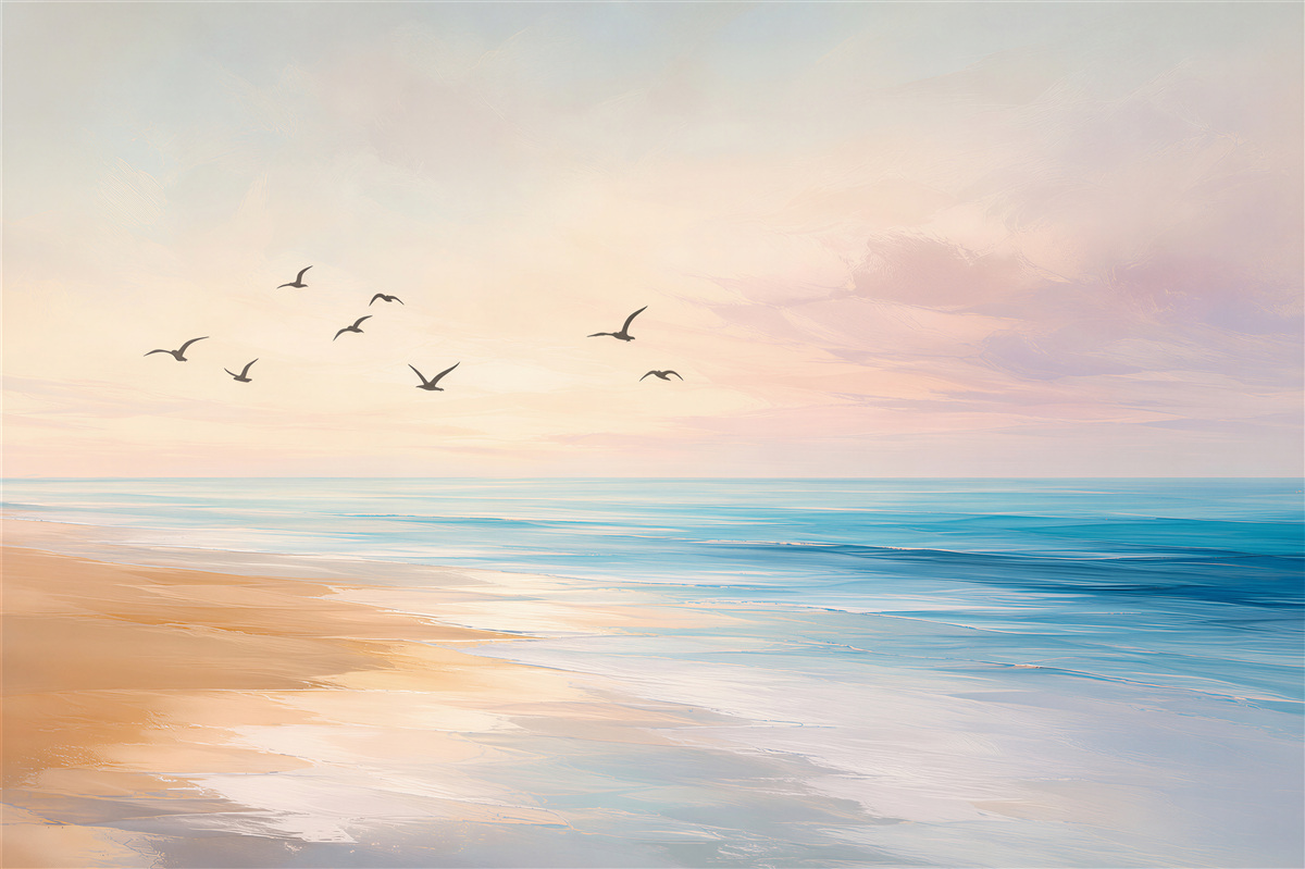 Fotobehang rustige strand bij zonsopgang met vliegende vogels