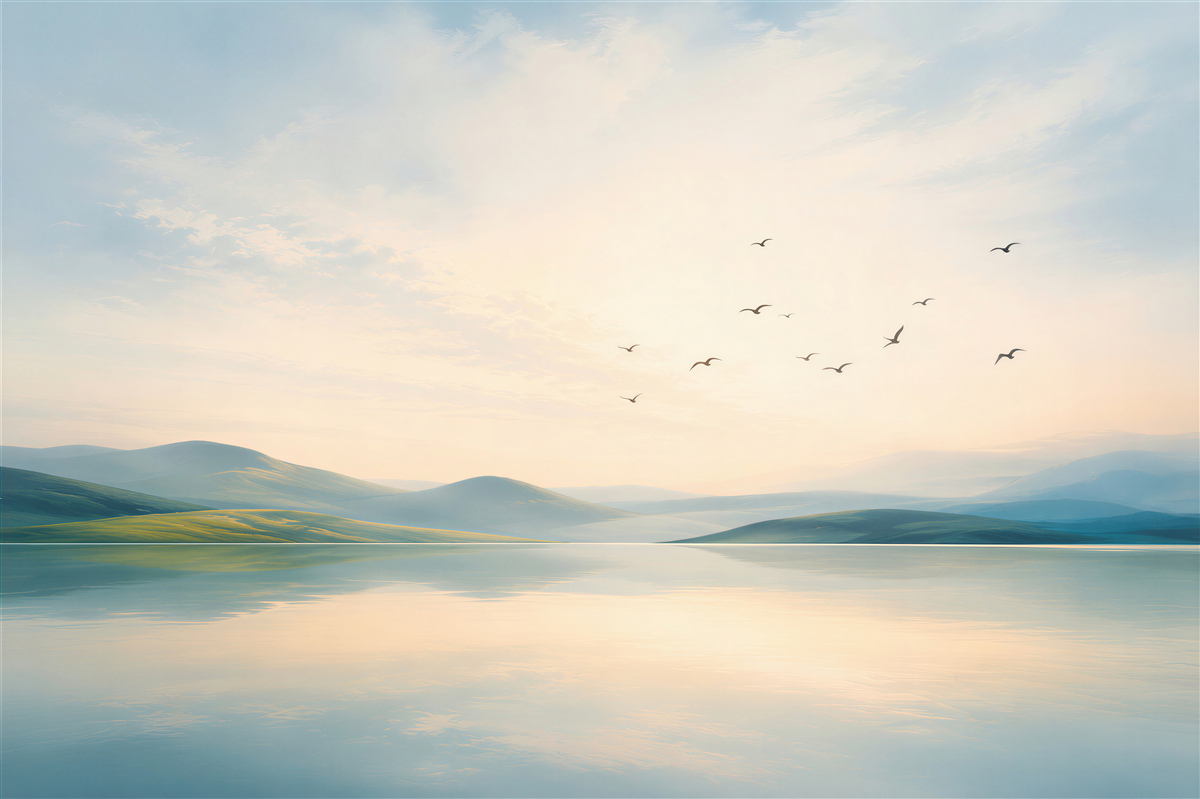 Fotobehang meer en bergen bij zonsopgang met vogels in pastelkleuren