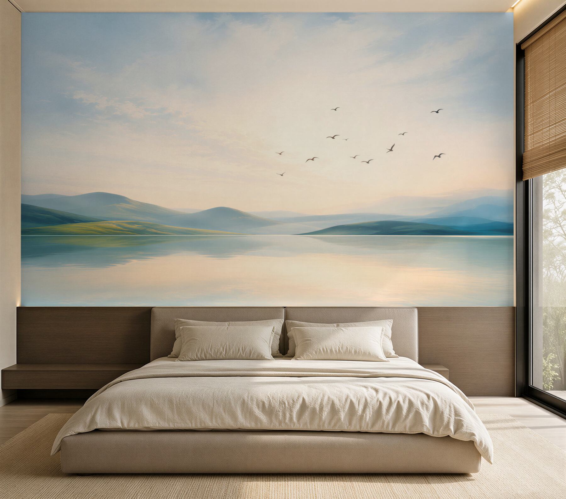 Fotobehang meer en bergen bij zonsopgang met vogels in pastelkleuren