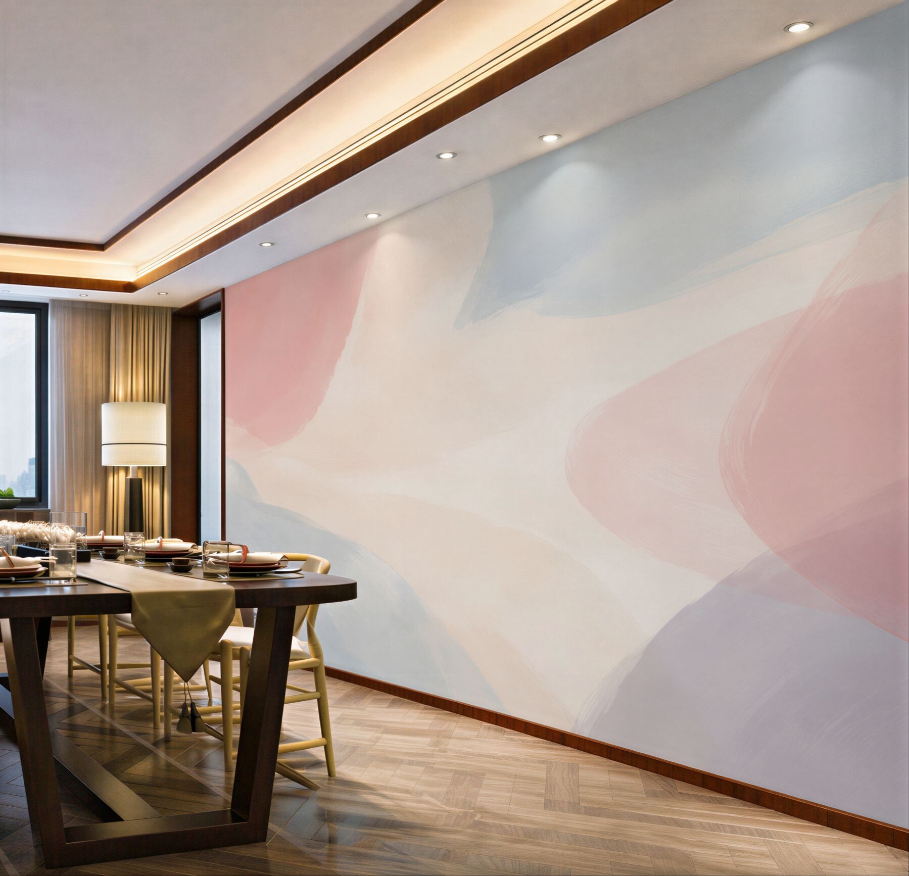 Fotobehang abstracte pastelvlekken roze en blauw voor de slaapkamer