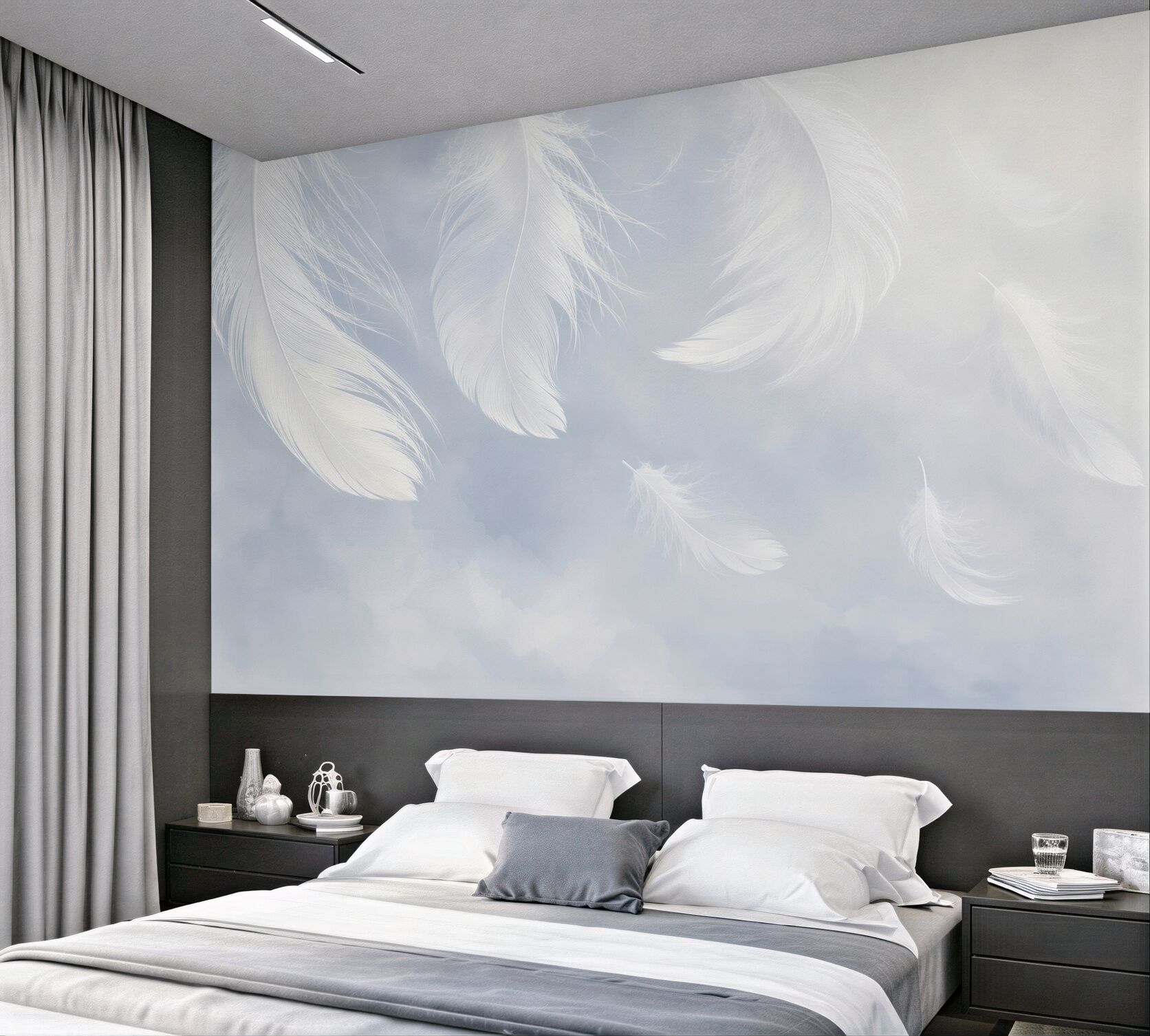 Fotobehang witte veren op een blauwe achtergrond licht en delicaat