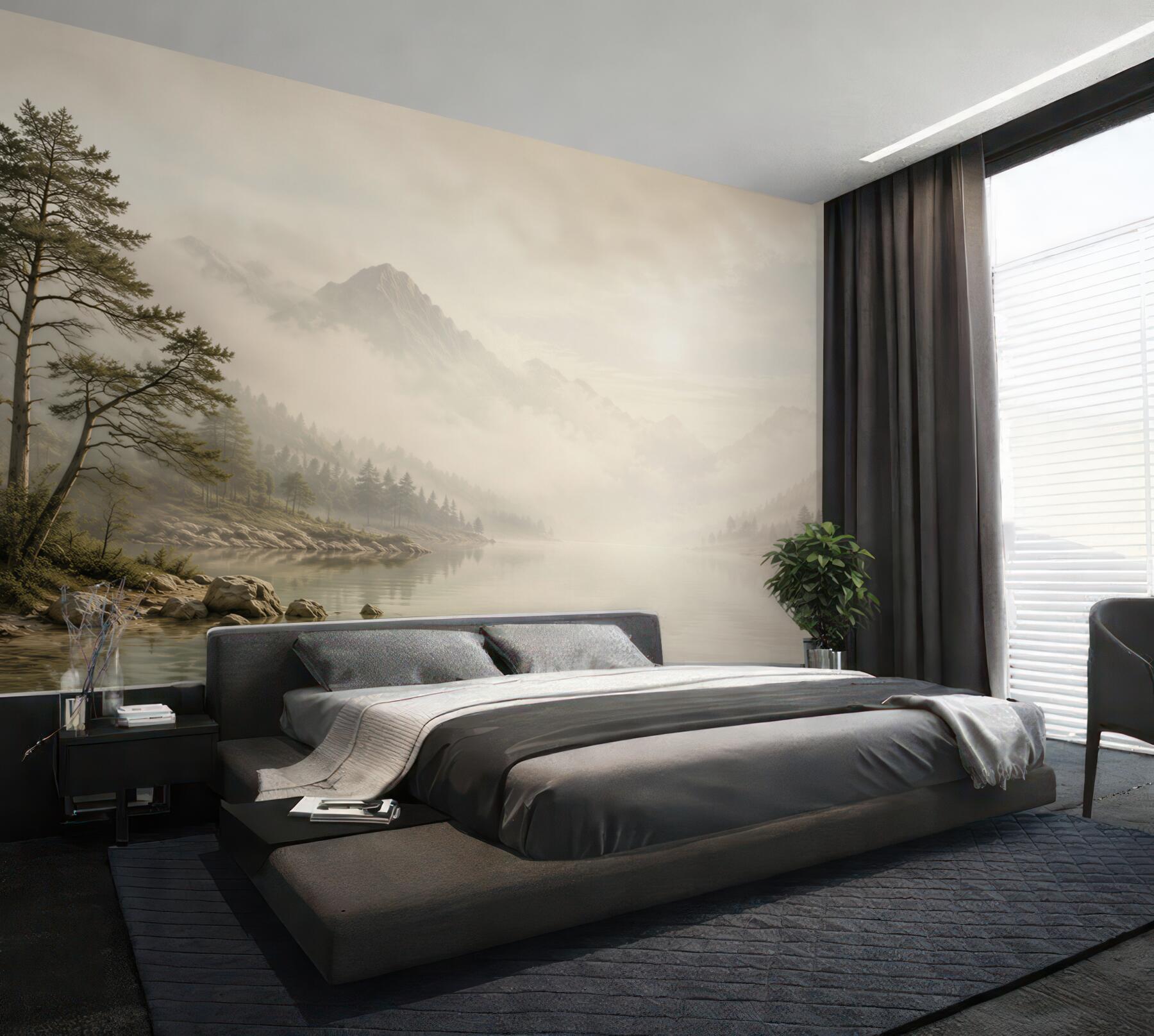 Fotobehang bergen in de mist boven een meer rustige landschap in beige tinten