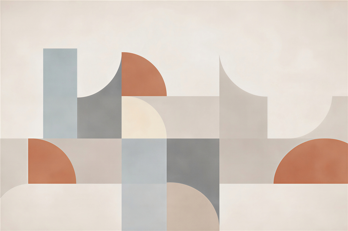 Fotobehang geometrische abstractie beige met terracotta en blauw