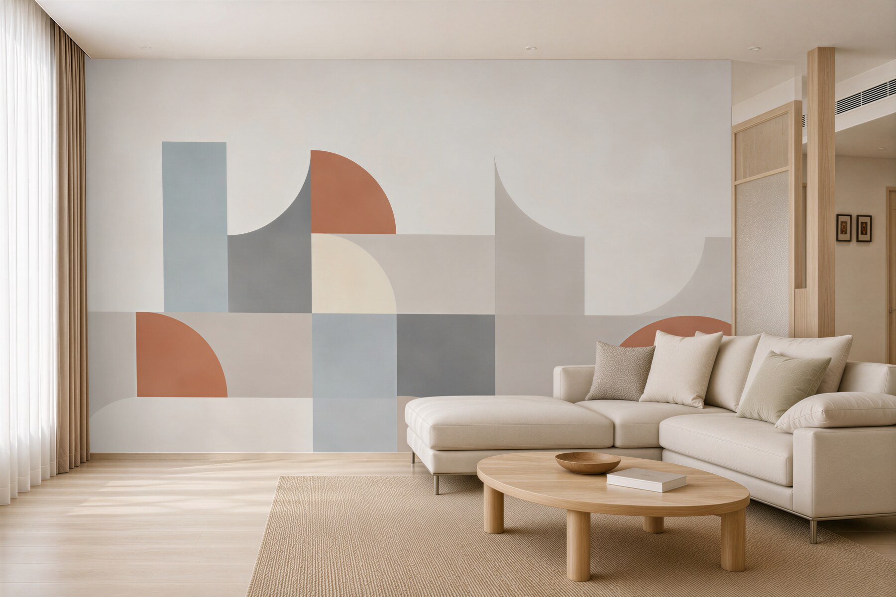 Fotobehang geometrische abstractie beige met terracotta en blauw