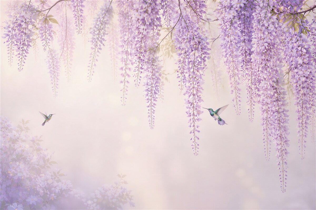 Fotobehang lila wisteria met kolibries romantisch voor de slaapkamer