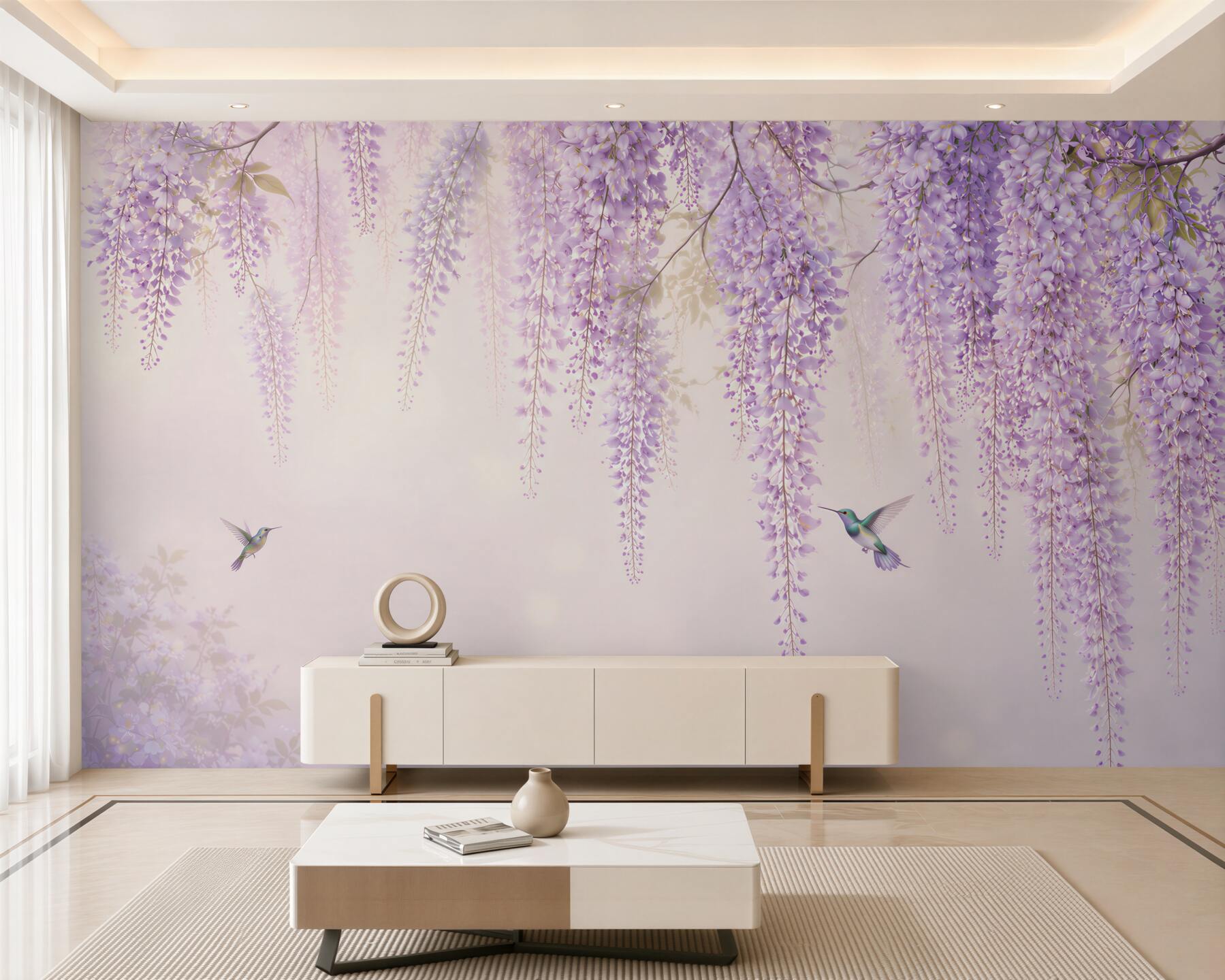 Fotobehang lila wisteria met kolibries romantisch voor de slaapkamer