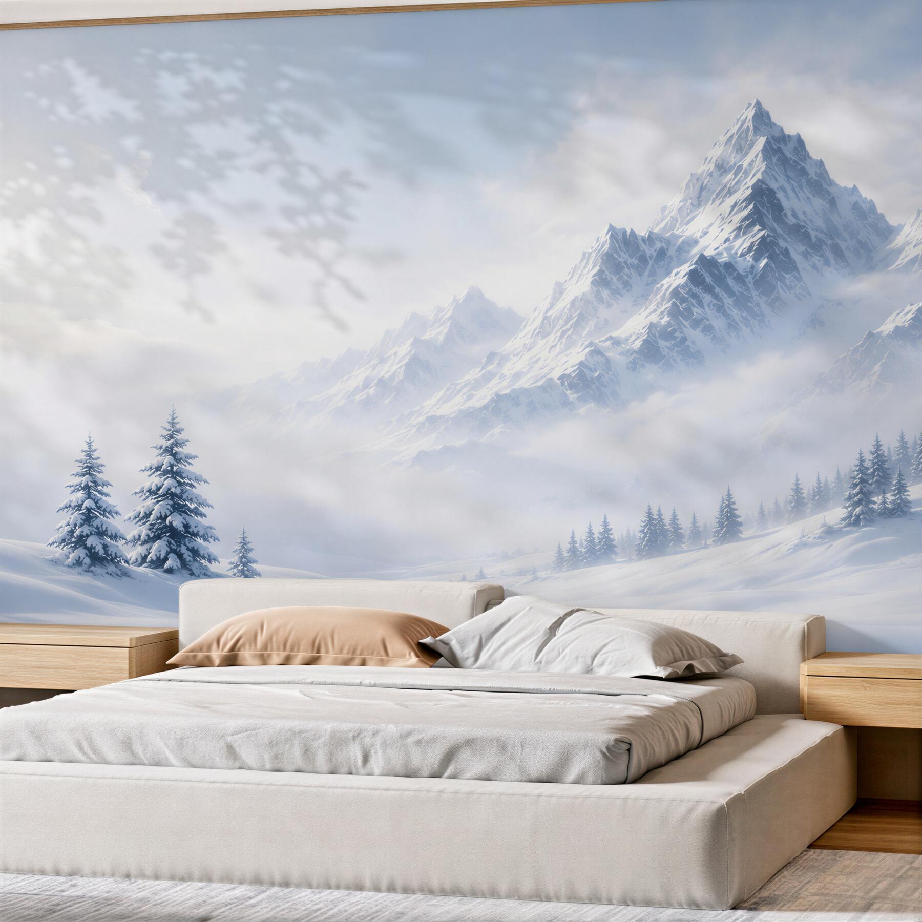 Fotobehang besneeuwde bergen in de mist winterlandschap