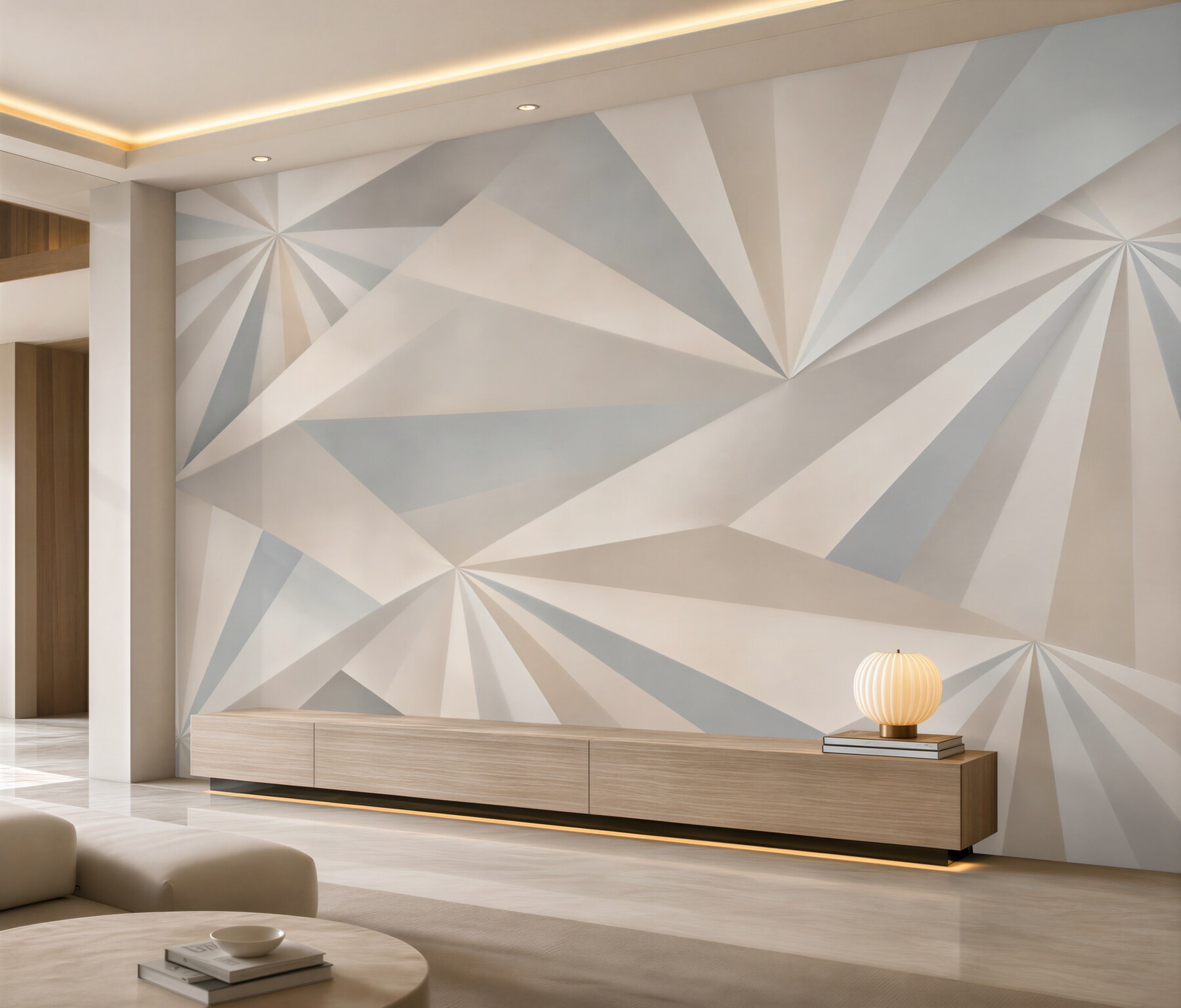 Fotobehang geometrische abstractie grijs-beige met stralend patroon 3D