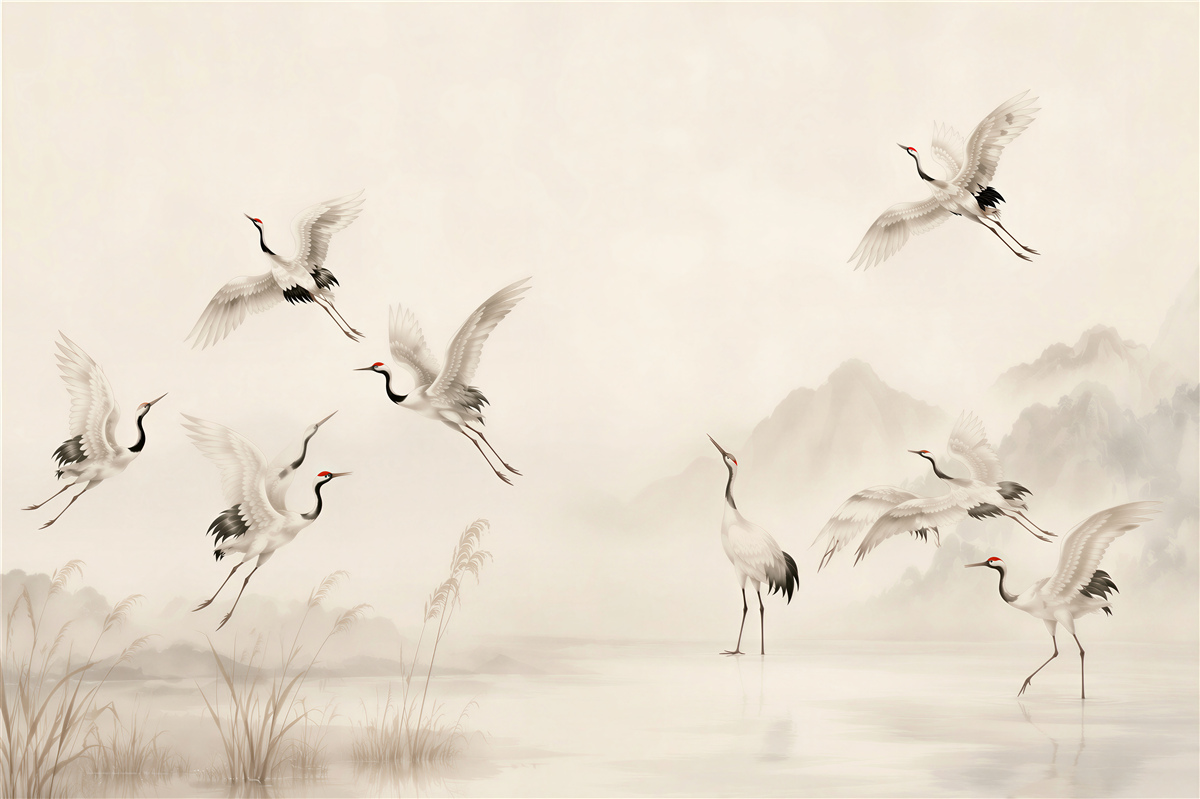 Fotobehang kraanvogels boven het meer in oosterse stijl beige rustig