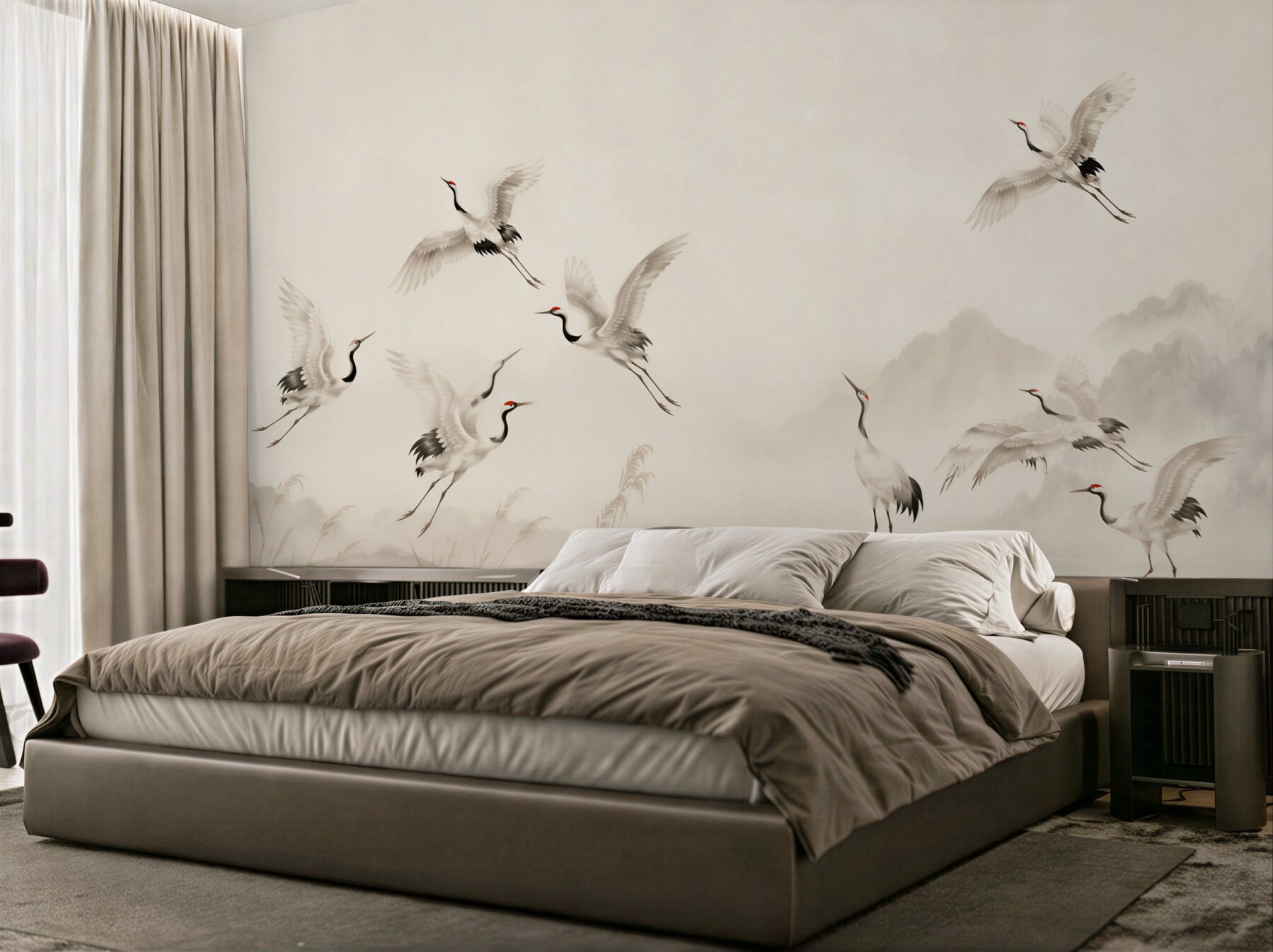 Fotobehang kraanvogels boven het meer in oosterse stijl beige rustig