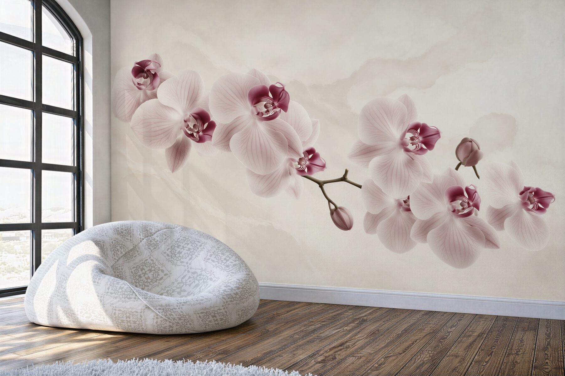 Fotobehang poederroze orchideeën op lichte achtergrond elegant voor de slaapkamer